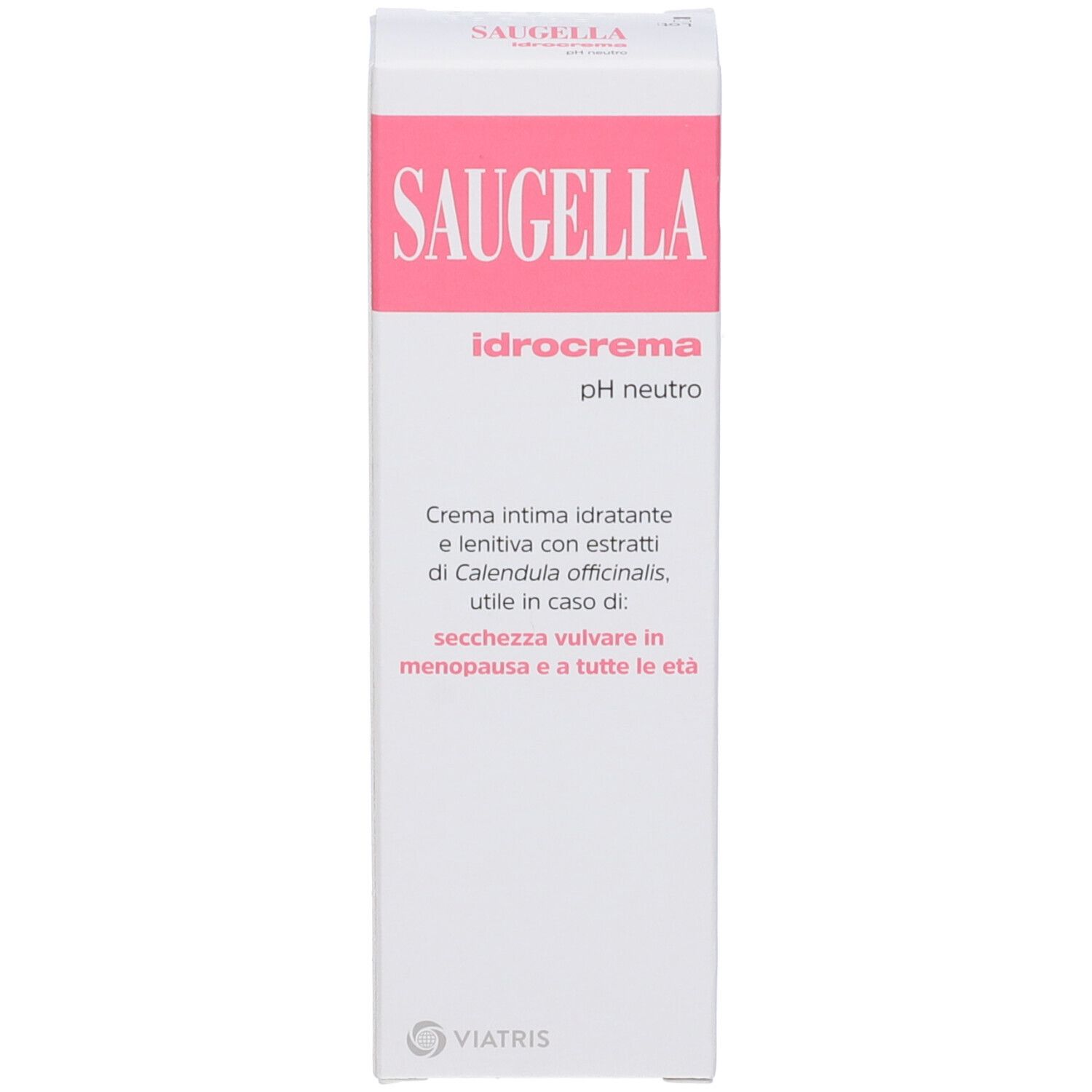 Confezione di Saugella Hydrocrema. Scatola bianca con dettagli rosa e nome del prodotto. Contiene testo.