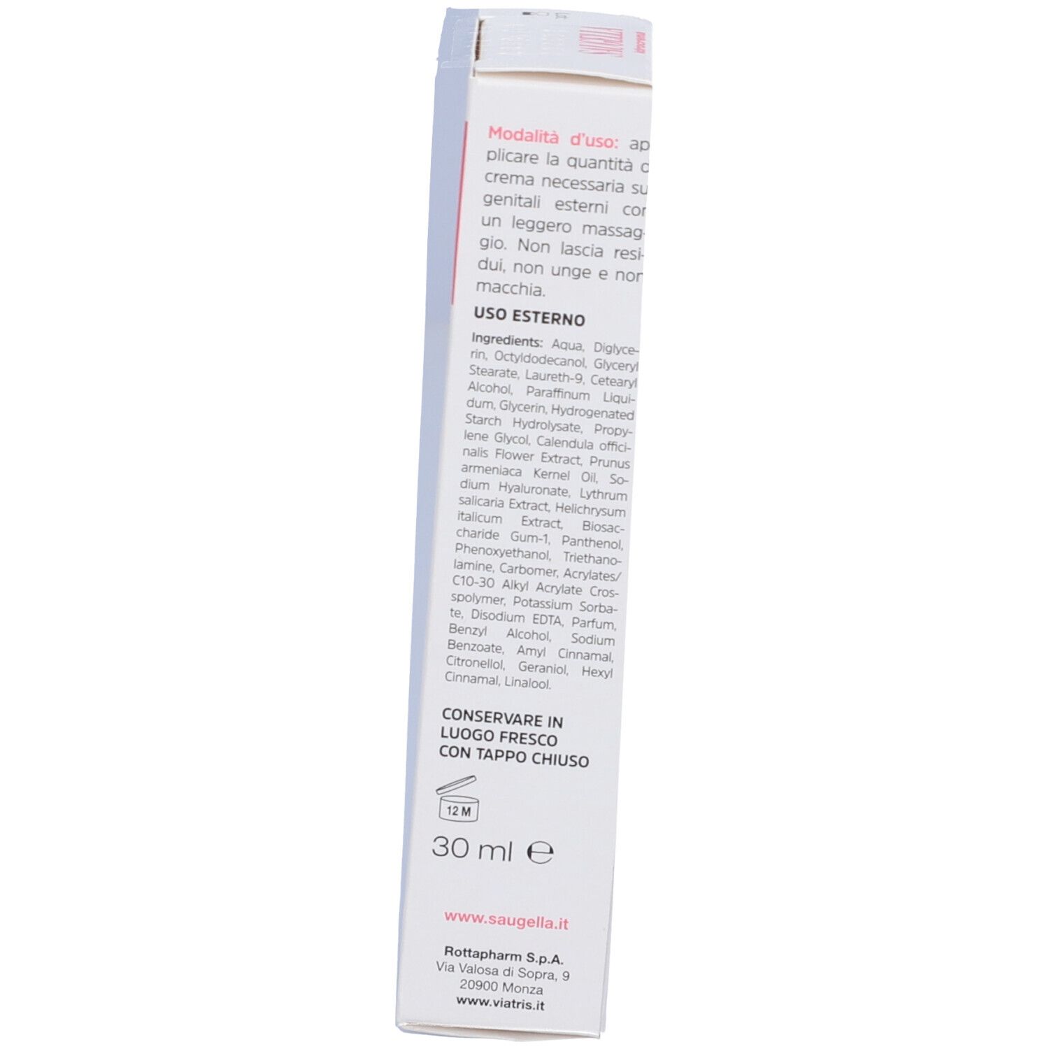 Lato della confezione Saugella Hydrocrema. Contiene testo, ingredienti e informazioni sul produttore.