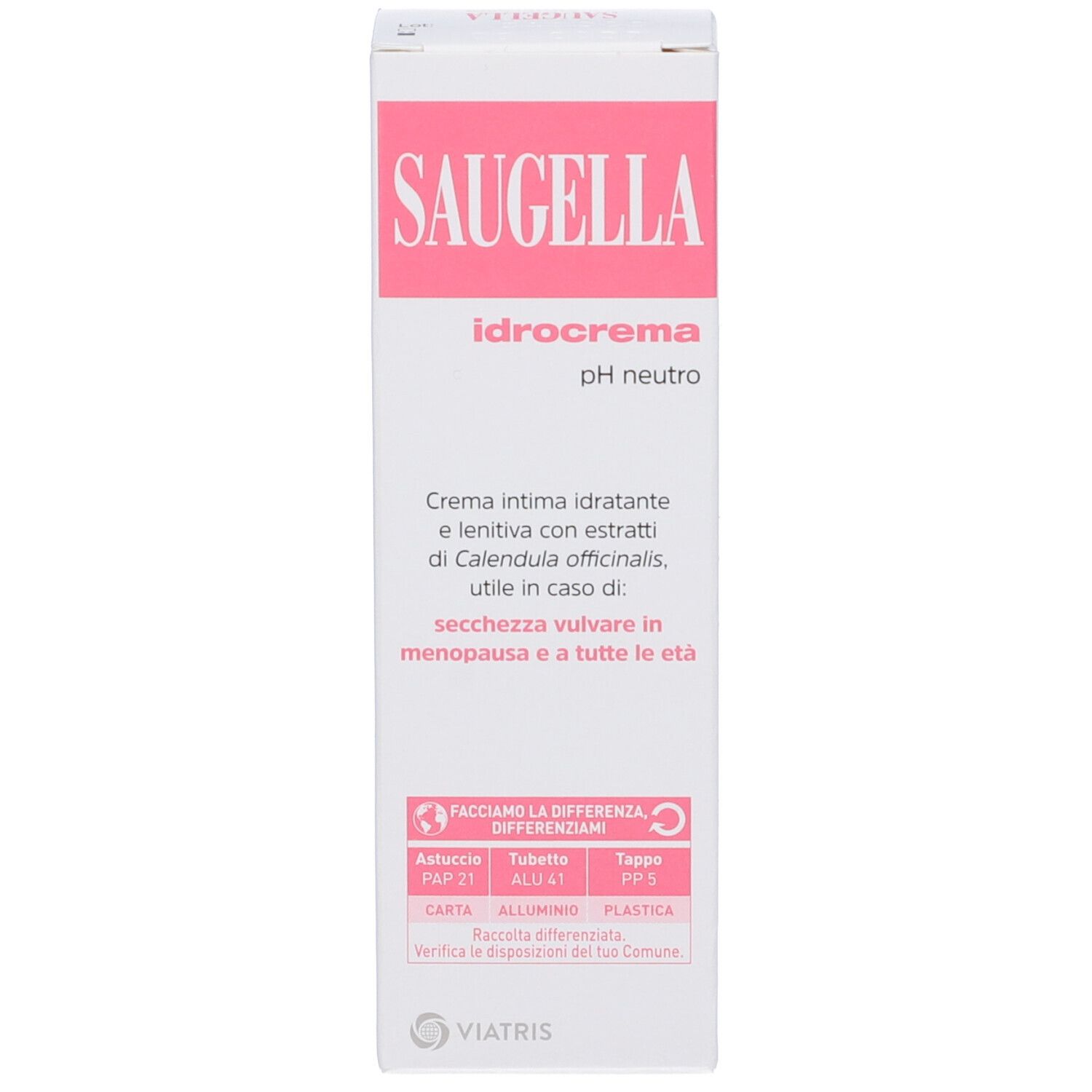 Lato della confezione Saugella Hydrocrema. Contiene testo, informazioni sul riciclo e produttore.