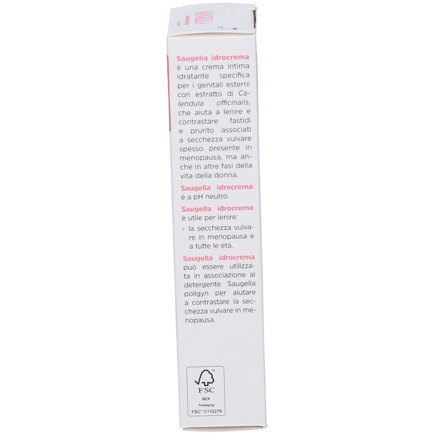 Lato della confezione Saugella Hydrocrema. Contiene testo e certificazione FSC.