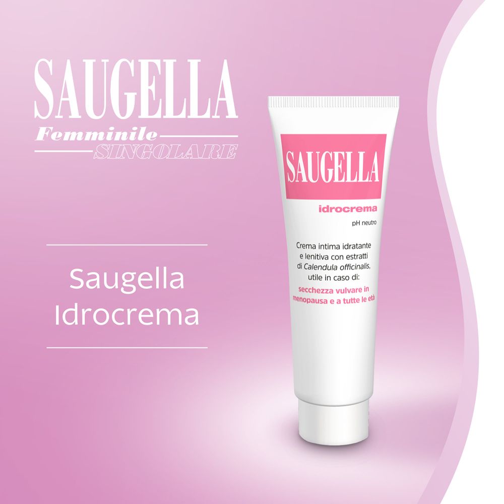 Rosa Hintergrund mit weißer Tube Saugella Idrocrema. Produktname und Text.