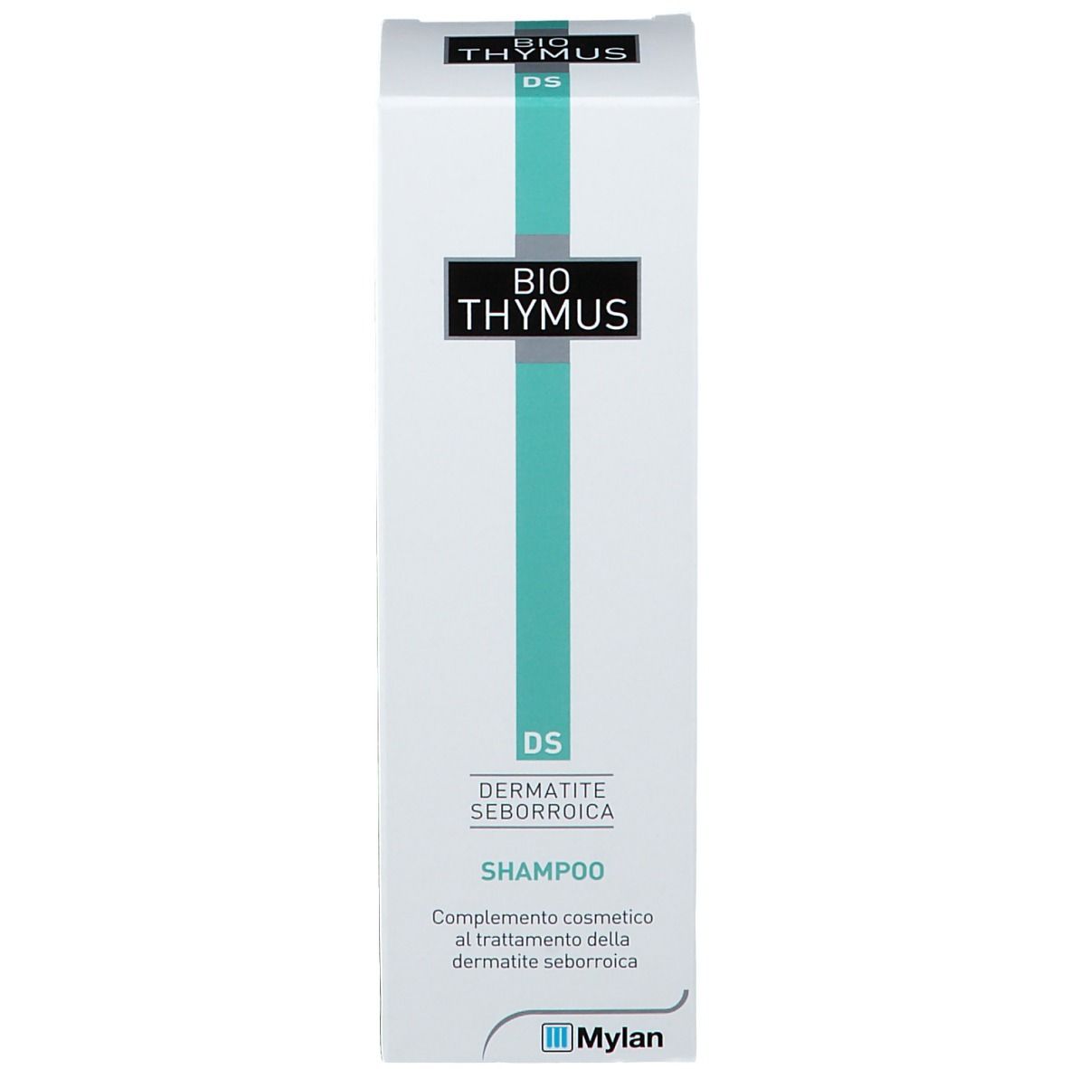 Weiße rechteckige Verpackung. Aufschrift: BIO THYMUS, DS, Dermatite Seborroica Shampoo. Mylan Logo.