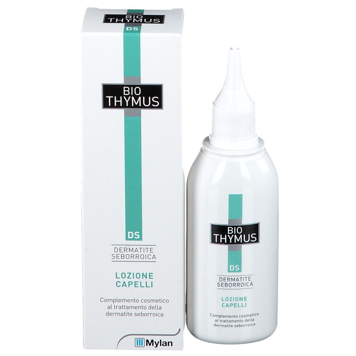 Flacone e confezione. Scritta: BIO THYMUS, DS, Dermatite Seborroica, Lozione Capelli. Design verde e bianco. Logo Mylan.