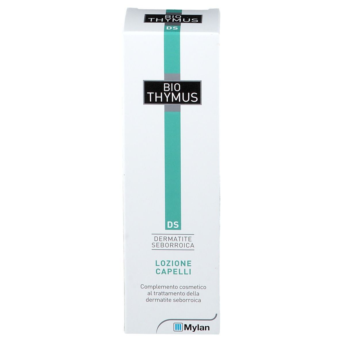 Confezione rettangolare alta. Scritta: BIO THYMUS, DS, Dermatite Seborroica, Lozione Capelli. Design verde e bianco. Logo Mylan.