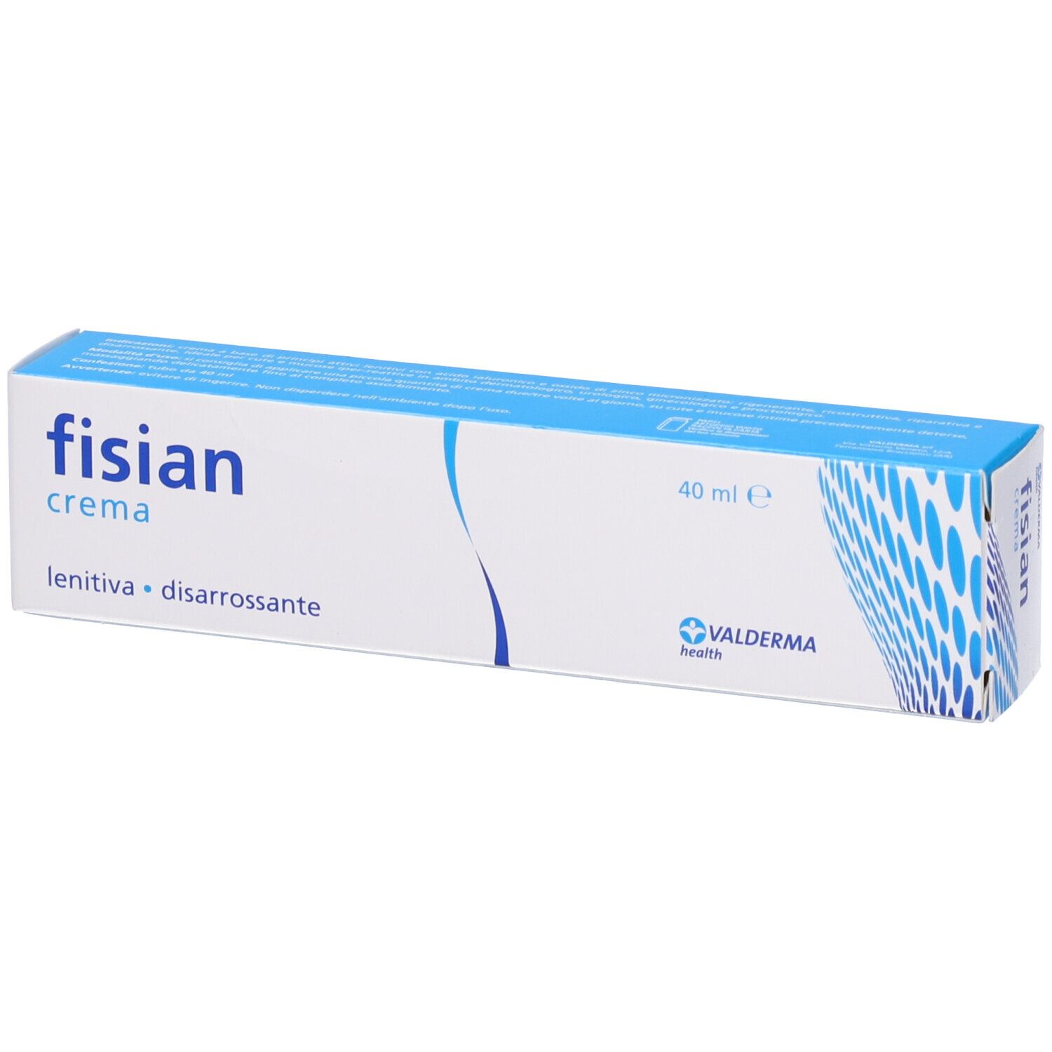Confezione crema Fisian. Scatola bianca e blu con nome e logo del prodotto. 40 ml.