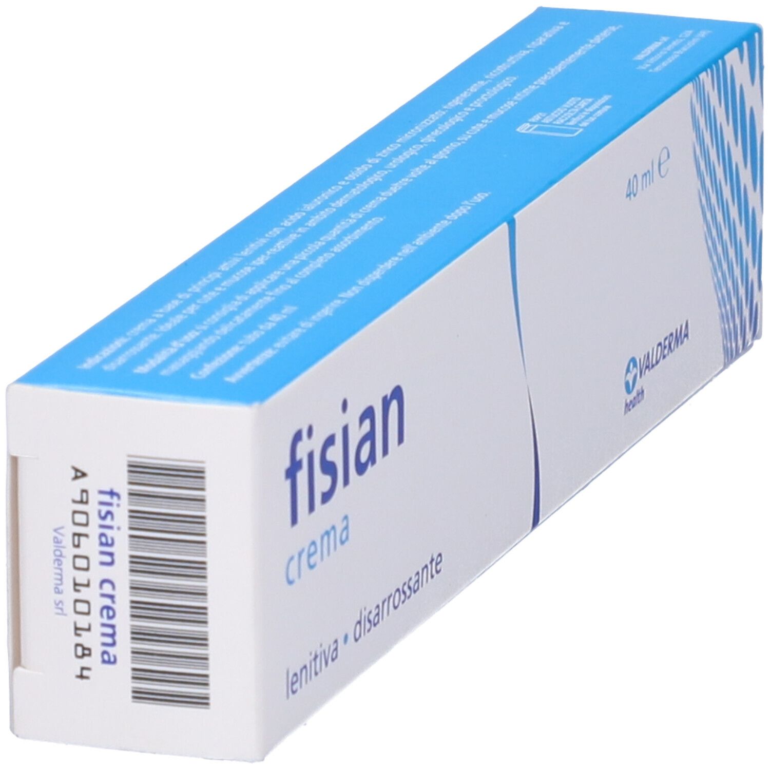 Confezione crema Fisian inclinata. Bianca e blu con nome, codice a barre e logo.