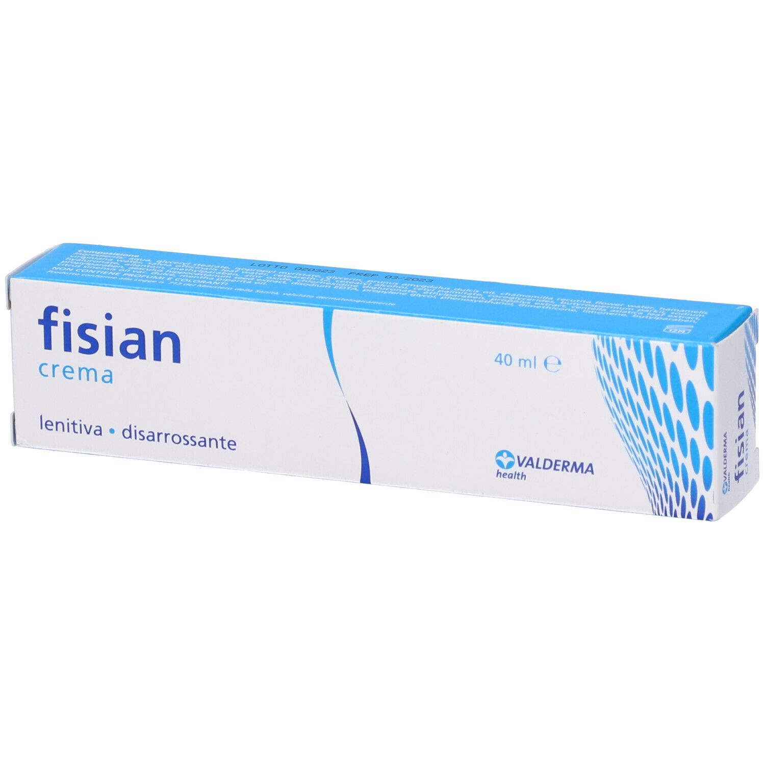 Confezione crema Fisian. Scatola bianca e blu con nome e logo del prodotto. 40 ml.