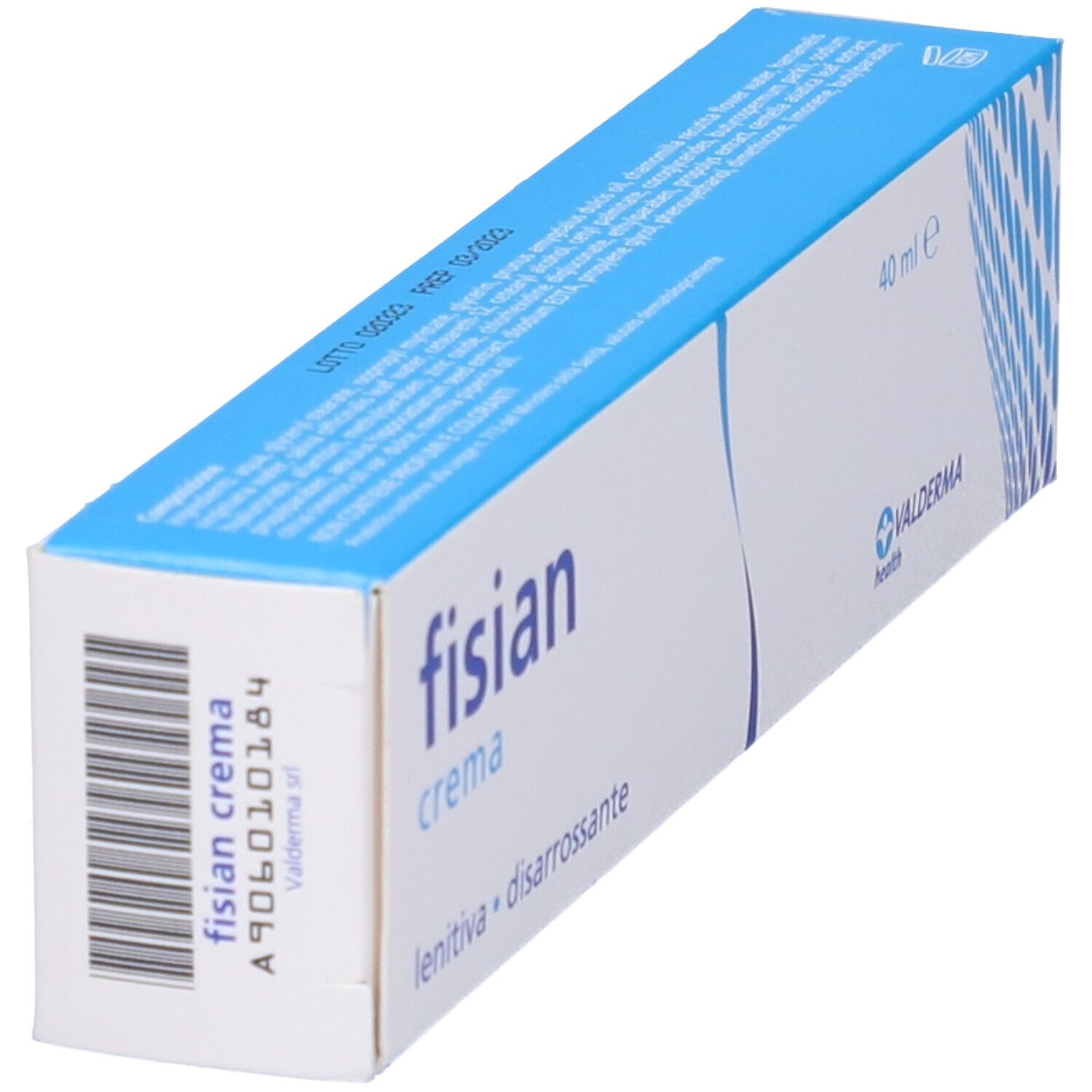Confezione crema Fisian inclinata. Bianca e blu con nome, codice a barre e logo.