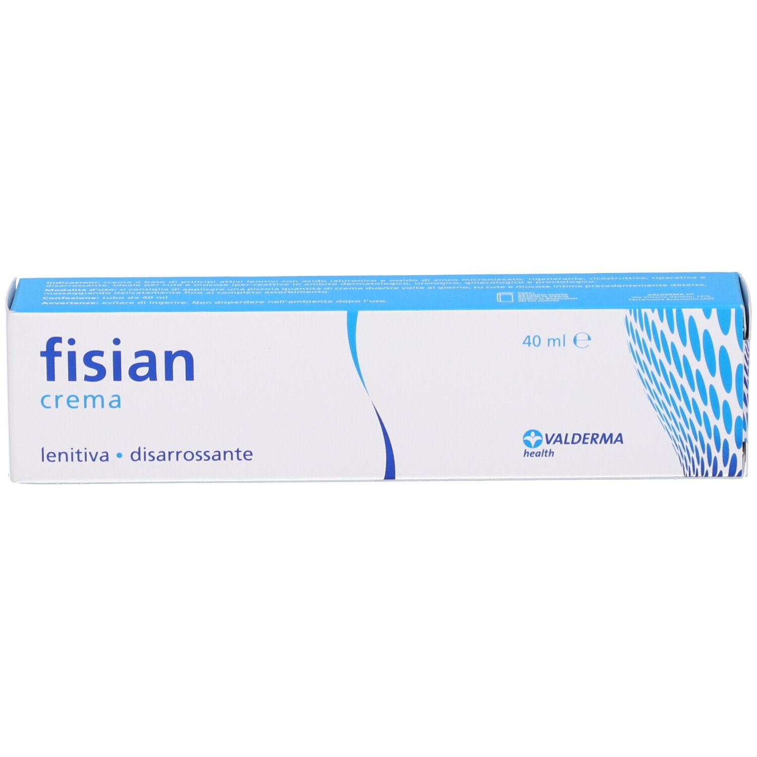 Confezione crema Fisian. Scatola bianca e blu con nome e logo del prodotto. 40 ml.