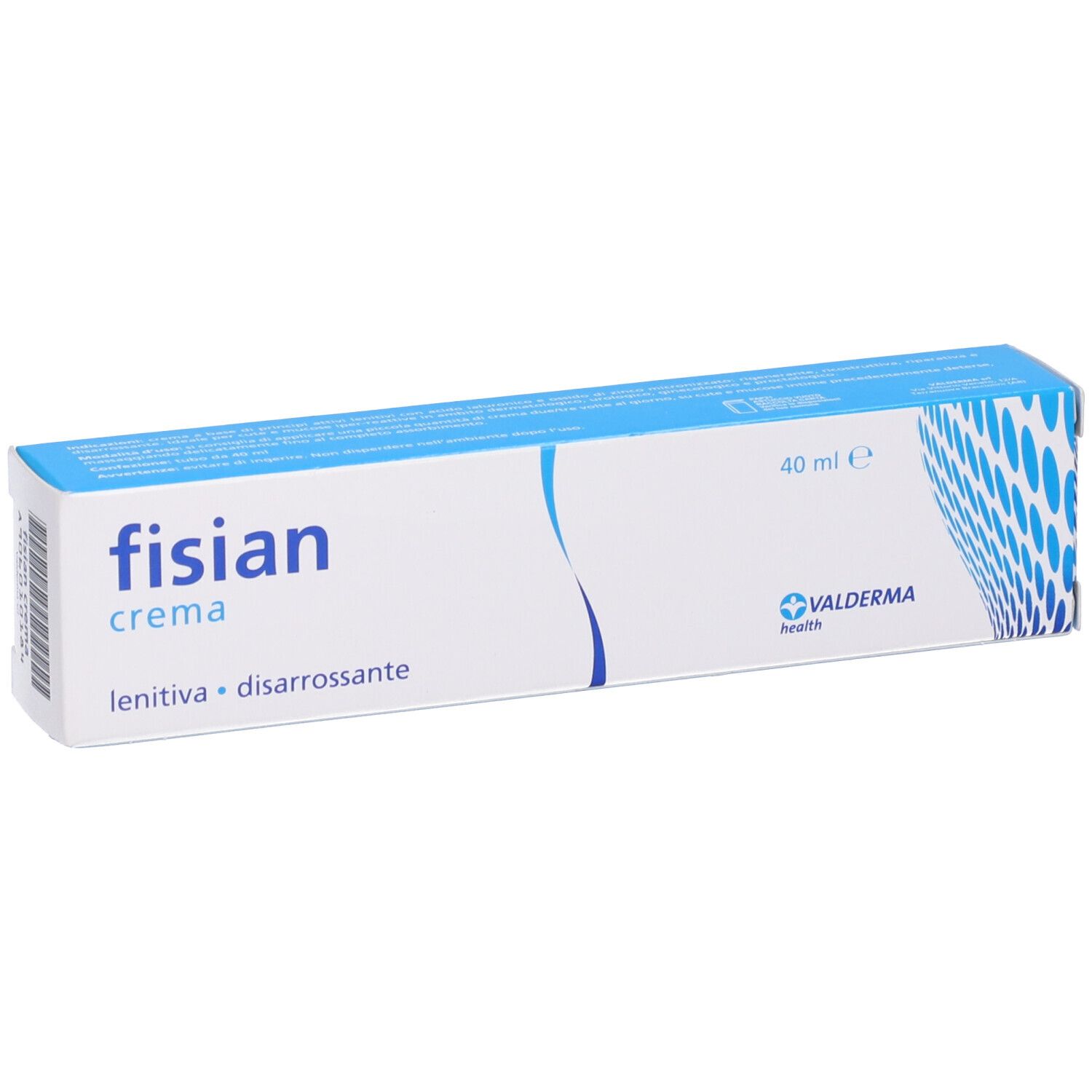Confezione crema Fisian. Scatola bianca e blu con nome e logo del prodotto. 40 ml.