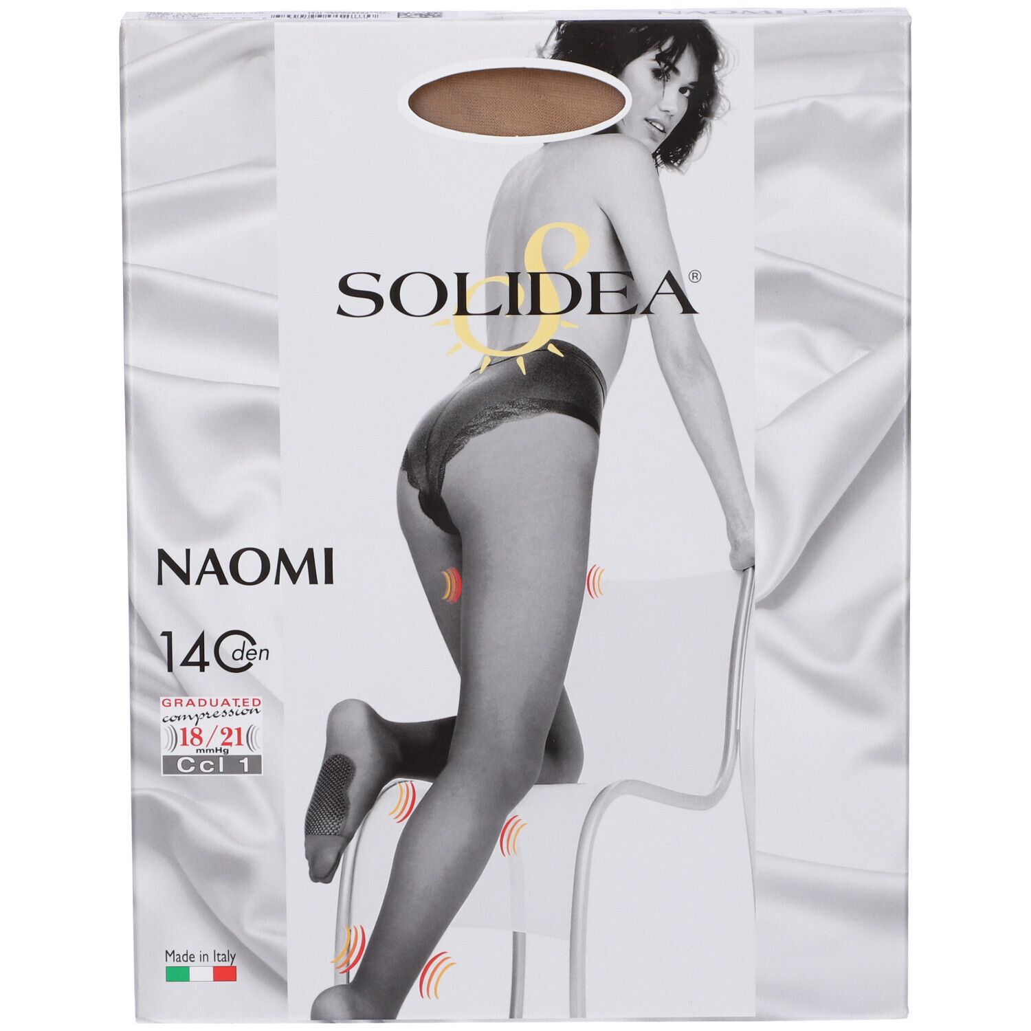 Confezione di collant SOLIDEA Naomi 140 Cam 1. 14 den, compressione 18/21 mmHg, Ccl 1. Donna sulla confezione.