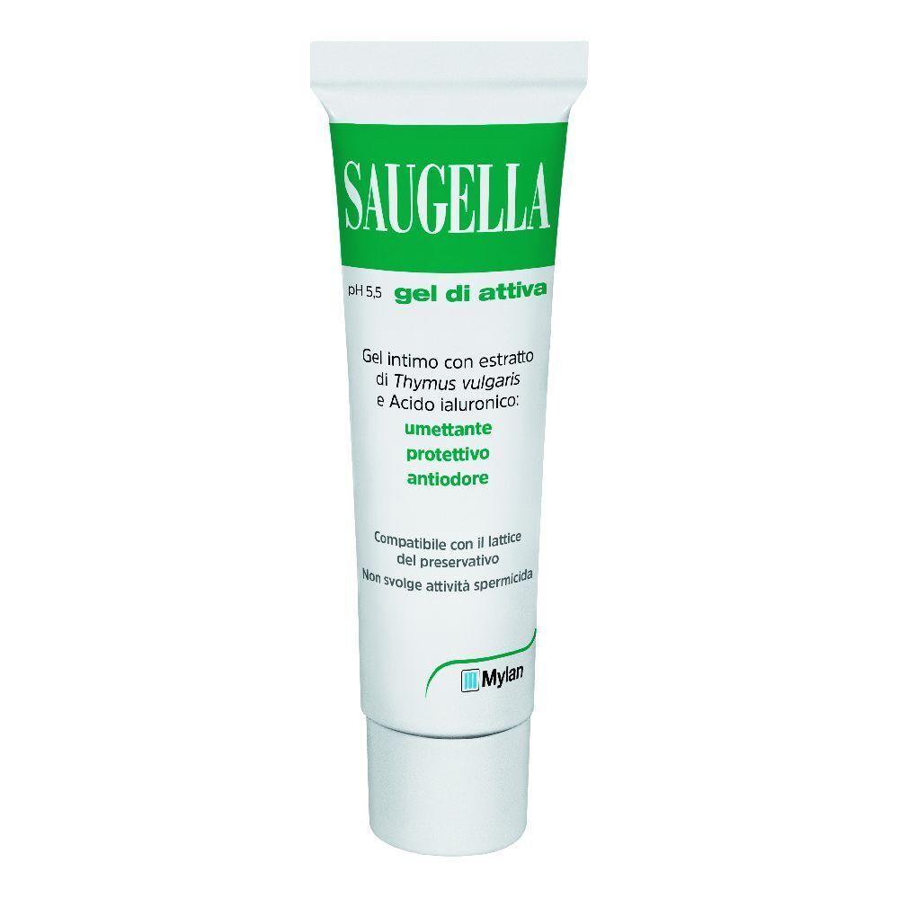Saugella pH 5,5 gel di attiva. Tubo bianco con stampa verde. Nome del prodotto e ingredienti visibili.