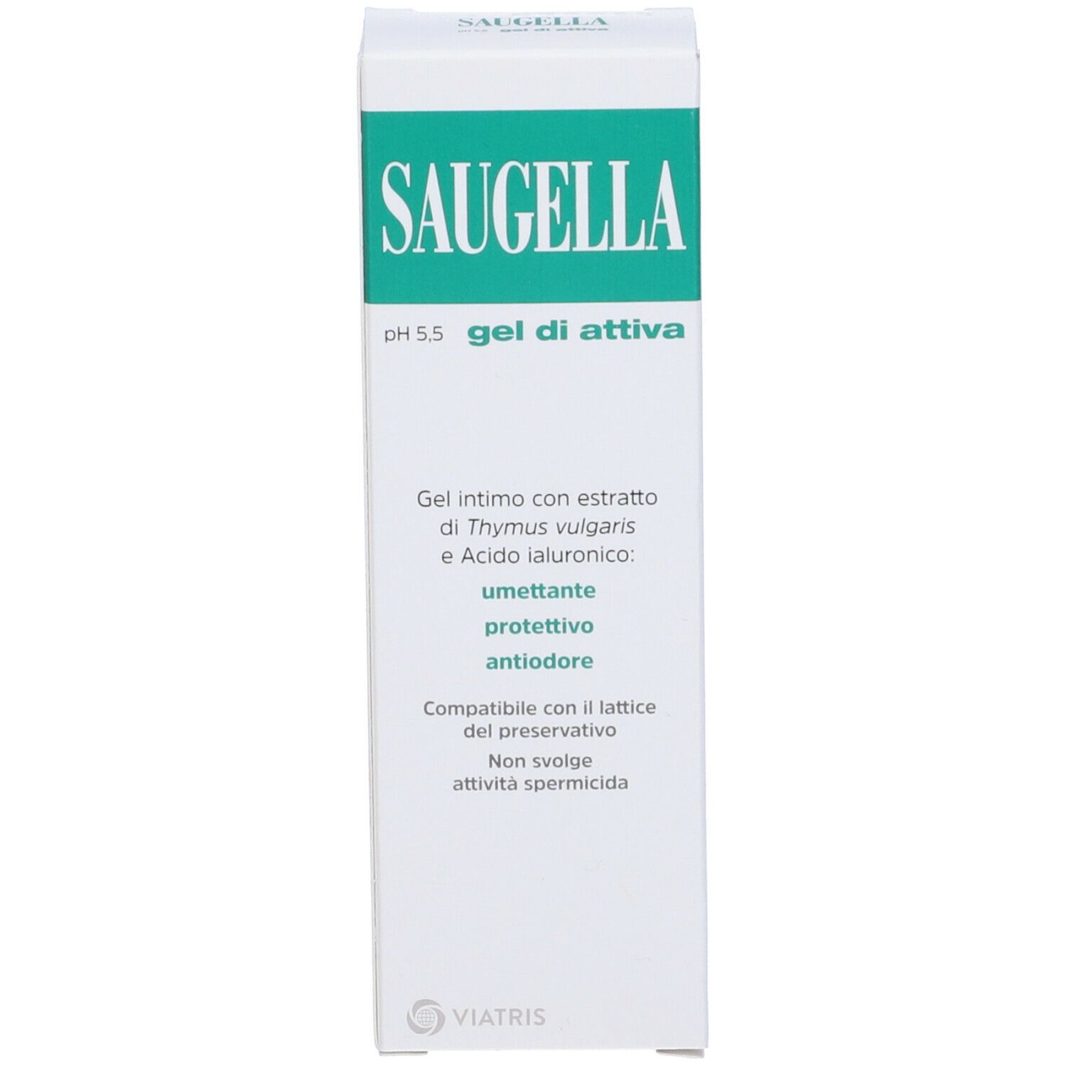 Confezione Saugella pH 5,5. Scatola bianca con stampa verde. Nome e ingredienti visibili.