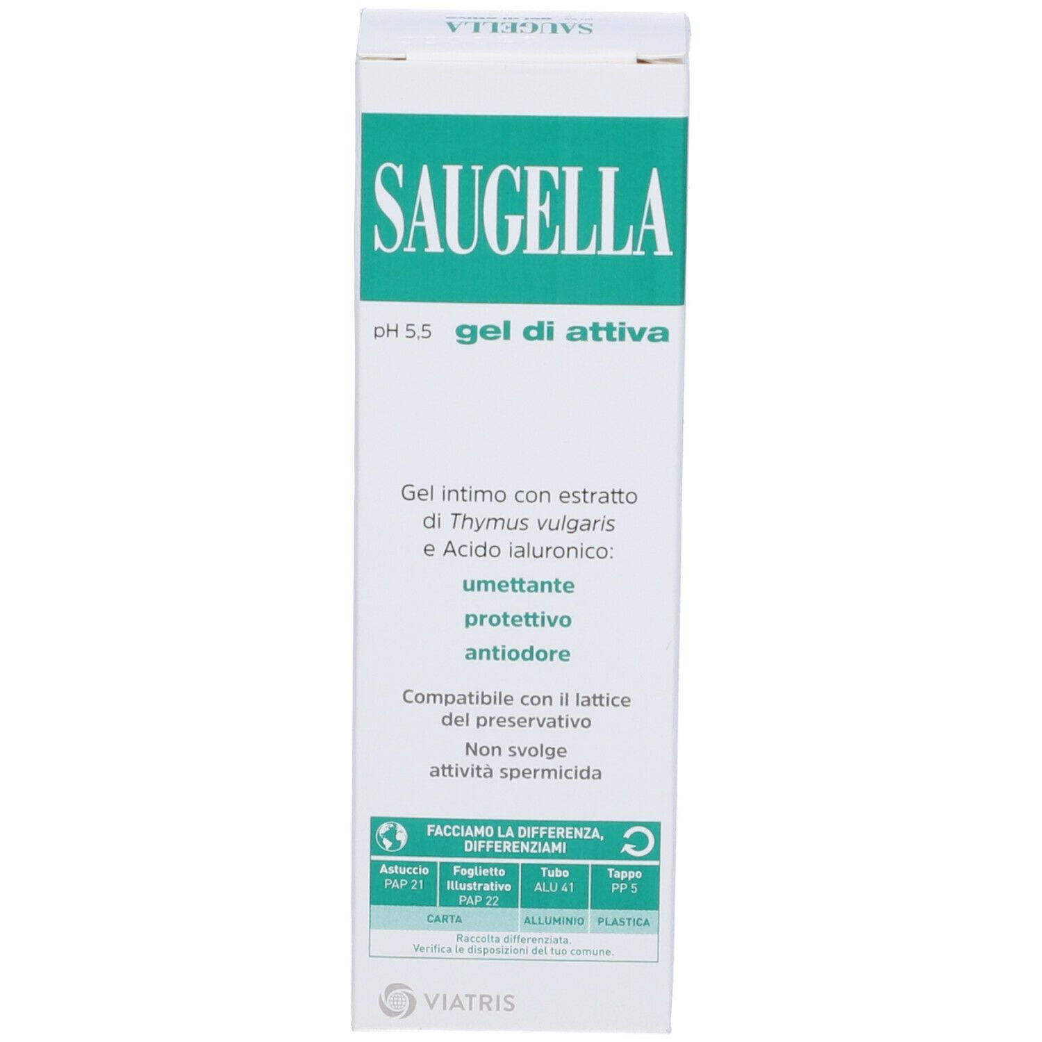 Confezione Saugella pH 5,5. Scatola bianca con stampa verde. Nome e ingredienti visibili.