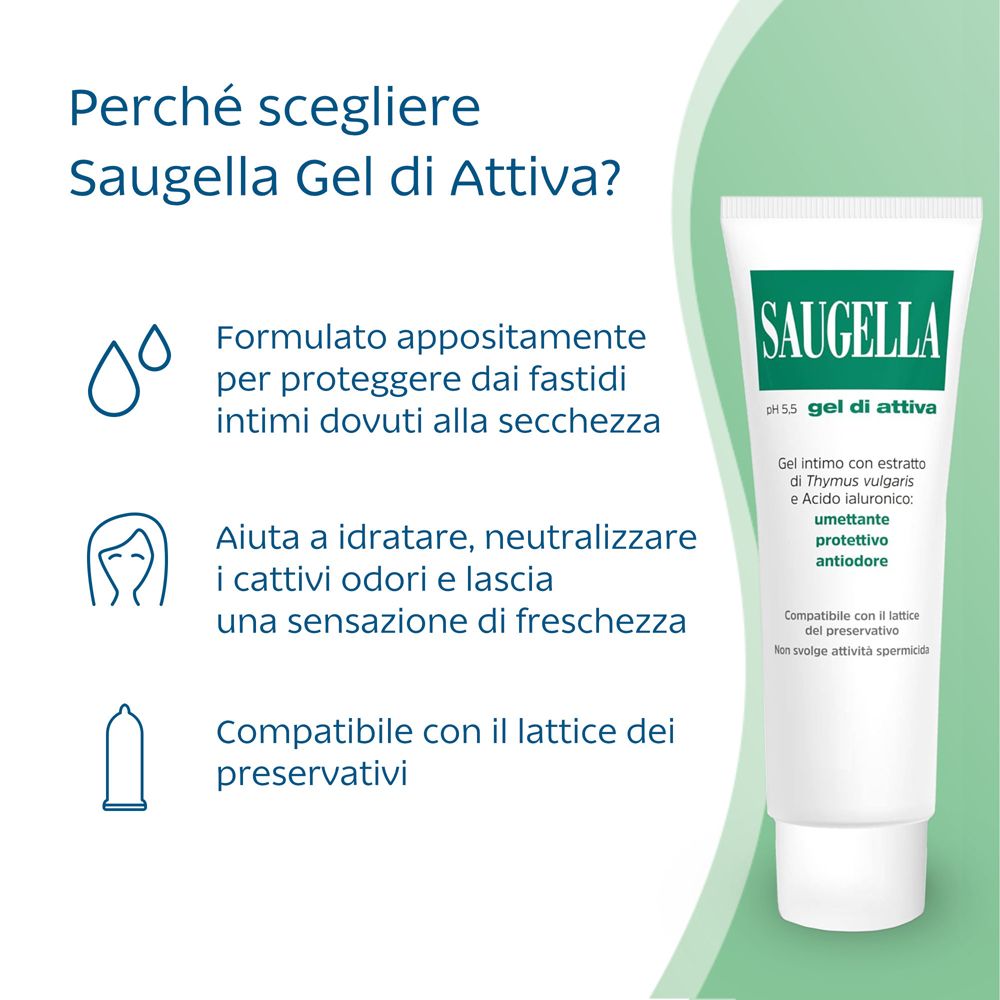 Eine weiße Tube Saugella Gel di Attiva mit grünem Etikett, das den Markennamen und Produktinformationen zeigt.