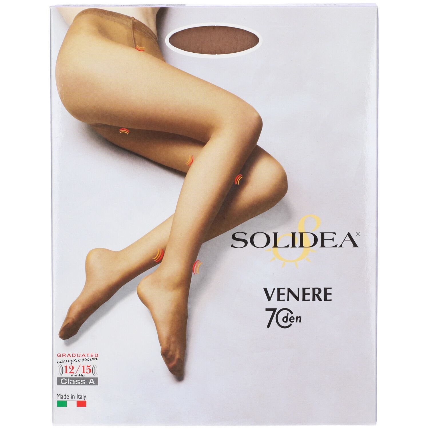 Collant SOLIDEA Venere 70 Cam 1 beige. Confezione con immagine del prodotto. Scritte: SOLIDEA, Venere 70 den, 12/15, Class A.