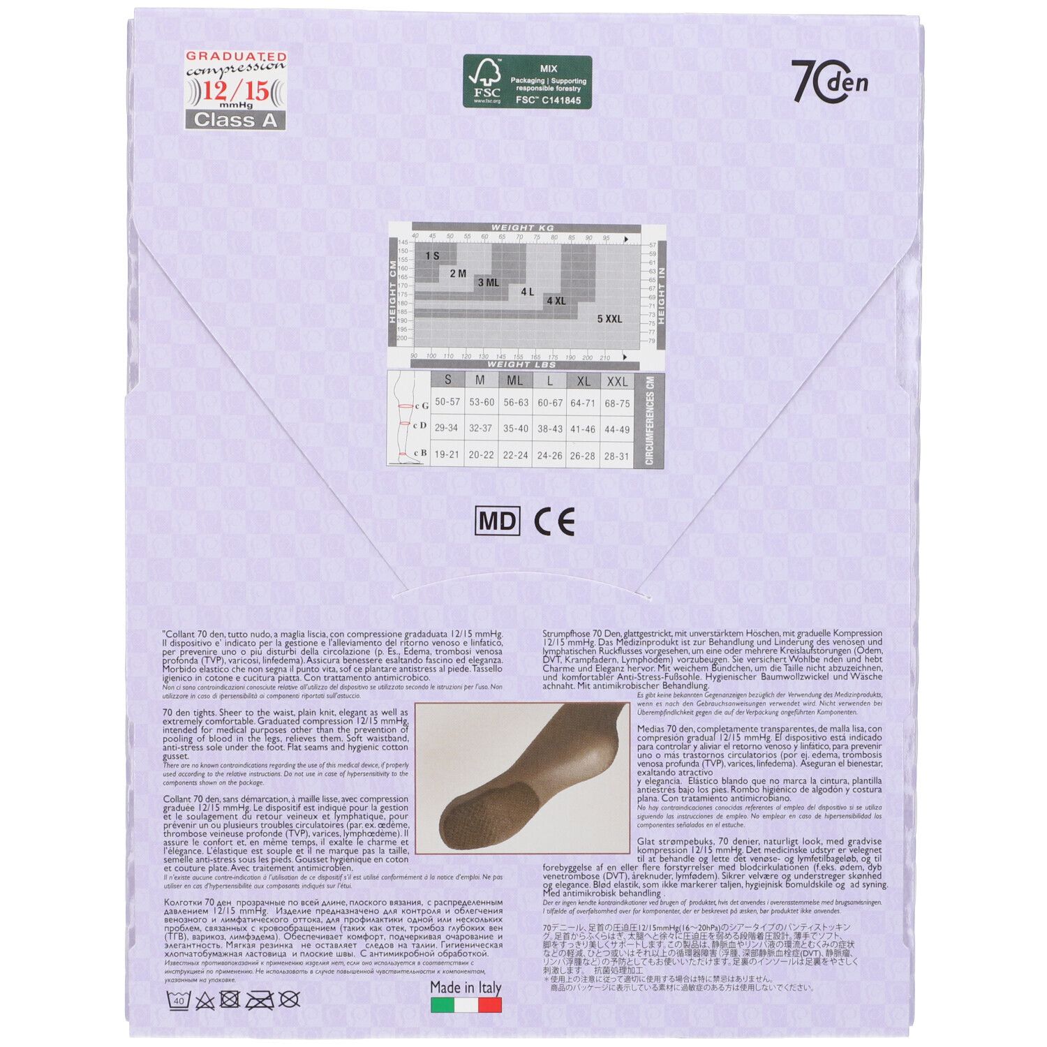 Retro della confezione di SOLIDEA Venere 70 Cam 1. Contiene informazioni sulle taglie, testo e marchio CE. Logo FSC.