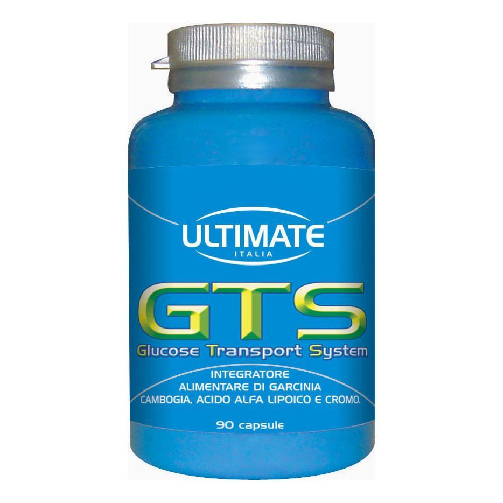 Flacone blu con tappo bianco. Scritta: ULTIMATE ITALIA, GTS, Glucose Transport System. 90 capsule.