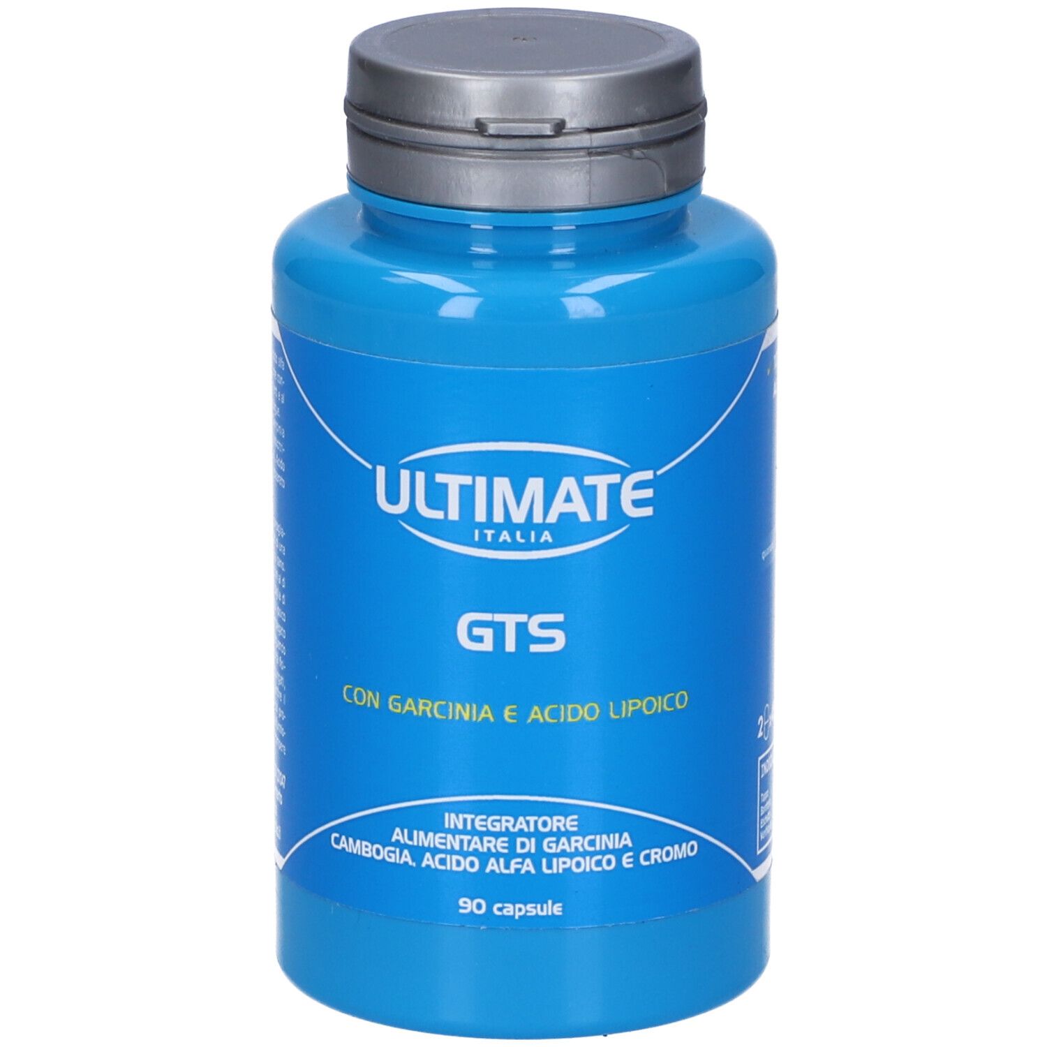 Flacone blu con tappo bianco. Scritta: ULTIMATE ITALIA, GTS, CON GARCINIA E ACIDO LIPOICO. 90 capsule.