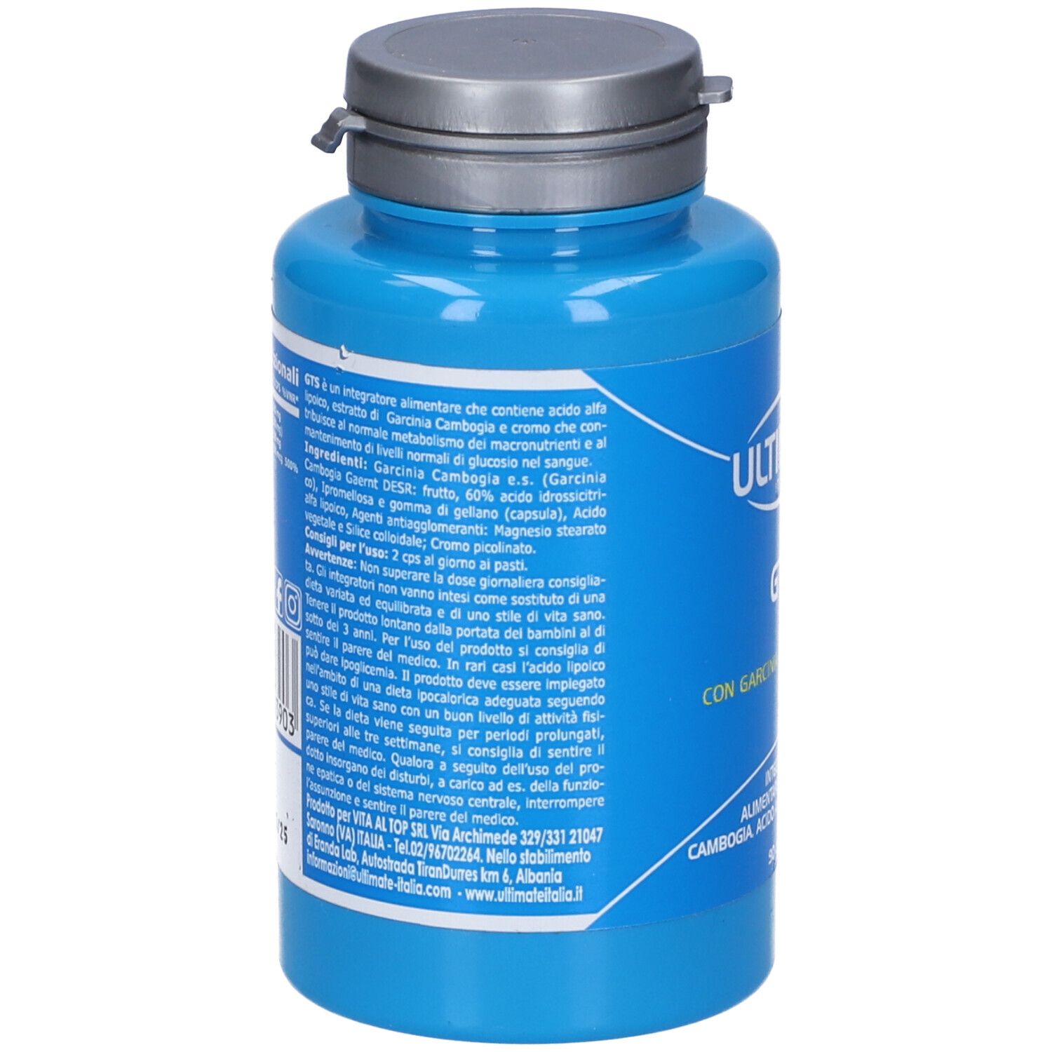 Flacone blu con tappo bianco. Testo in italiano. Contiene informazioni sugli ingredienti e le istruzioni per l'uso.