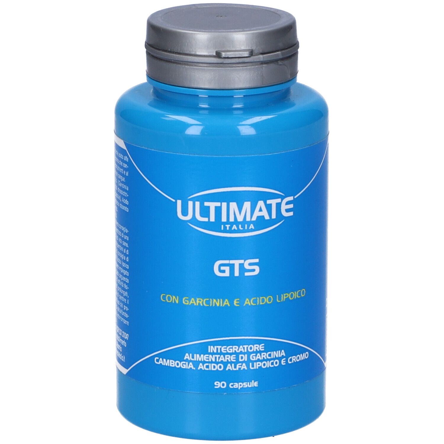 Flacone blu con tappo bianco. Scritta: ULTIMATE ITALIA, GTS, CON GARCINIA E ACIDO LIPOICO. 90 capsule.
