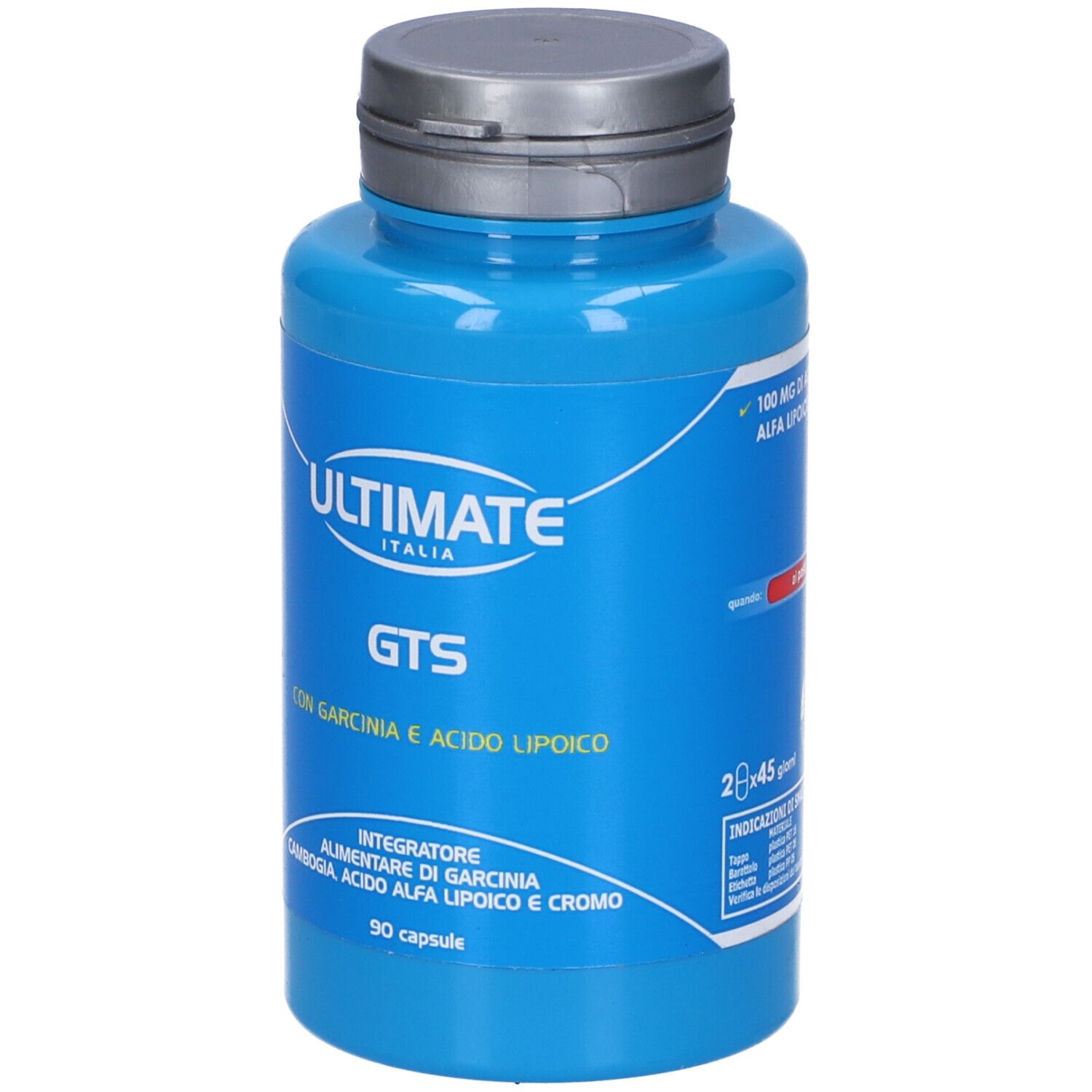 Flacone blu con tappo bianco. Scritta: ULTIMATE ITALIA, GTS, CON GARCINIA E ACIDO LIPOICO. 90 capsule. 100 mg Acido Alfa Lipoico.