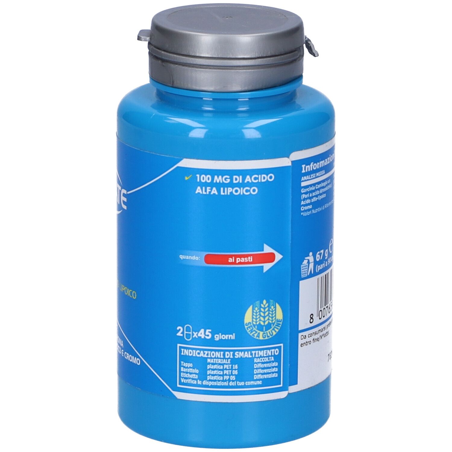 Flacone blu con tappo bianco. Scritta: 100 mg di ACIDO ALFA LIPOICO. 2x45 giorni. Informazioni sullo smaltimento.