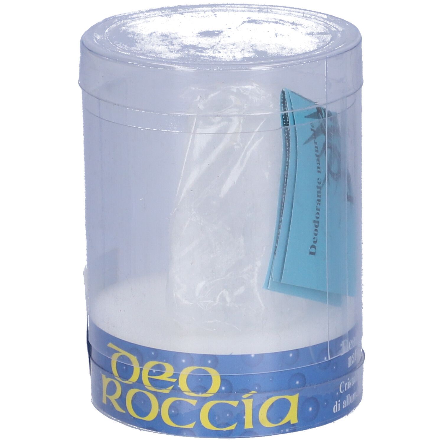 Confezione trasparente con prodotto ed etichetta. Nome prodotto 'DeoRoccia' e 'Deodorante naturale'.