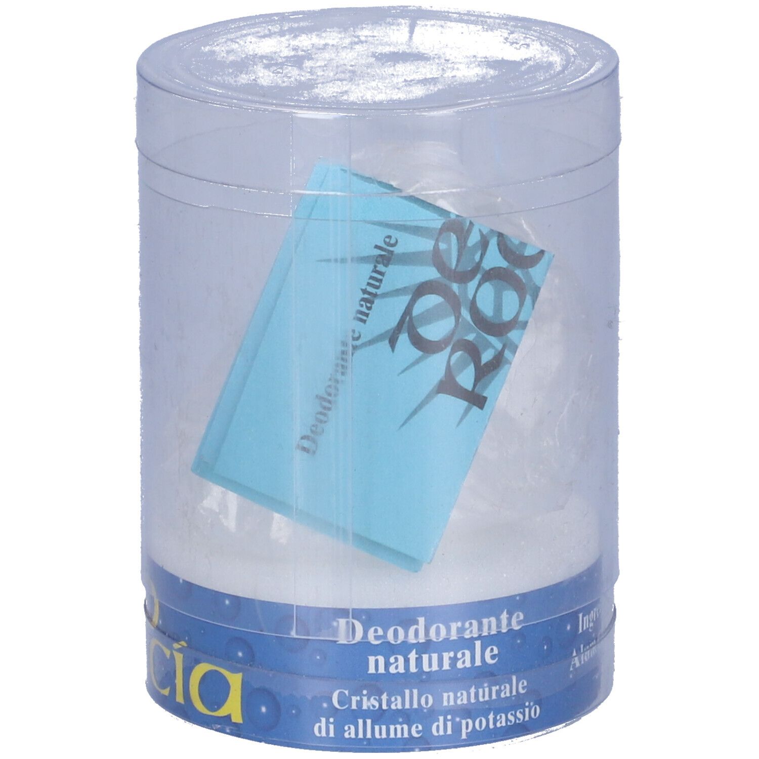 Confezione trasparente con prodotto ed etichetta. Nome prodotto 'DeoRoccia' e 'Deodorante naturale'.