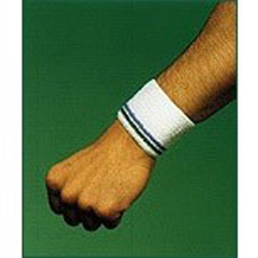 Weißes Handgelenkband mit zwei blauen Streifen. Auf einem Arm getragen, die Hand ist zur Faust geballt.
