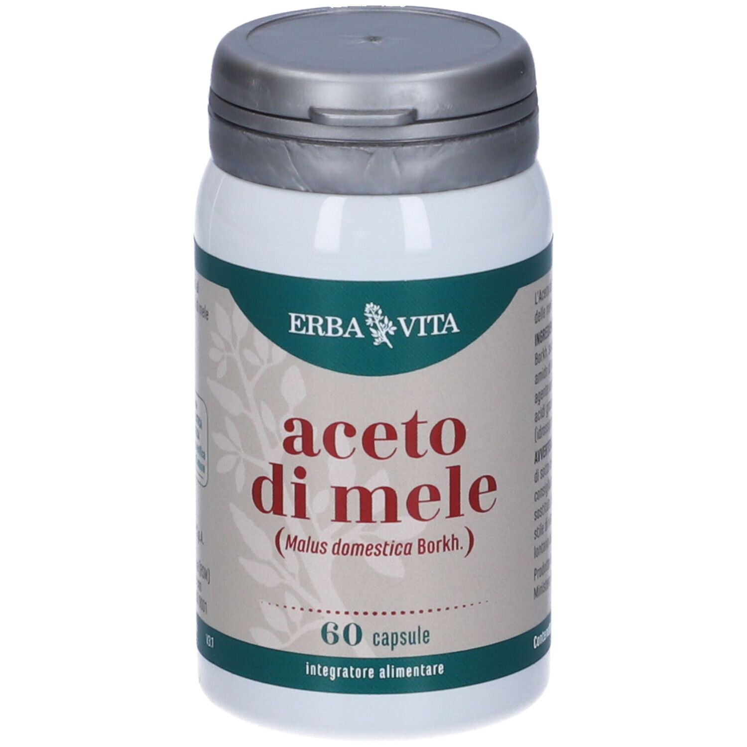 Flacone bianco con "Aceto di Mele" e "60 capsule". Marchio: Erba Vita. Coperchio grigio. Testo sullo sfondo.