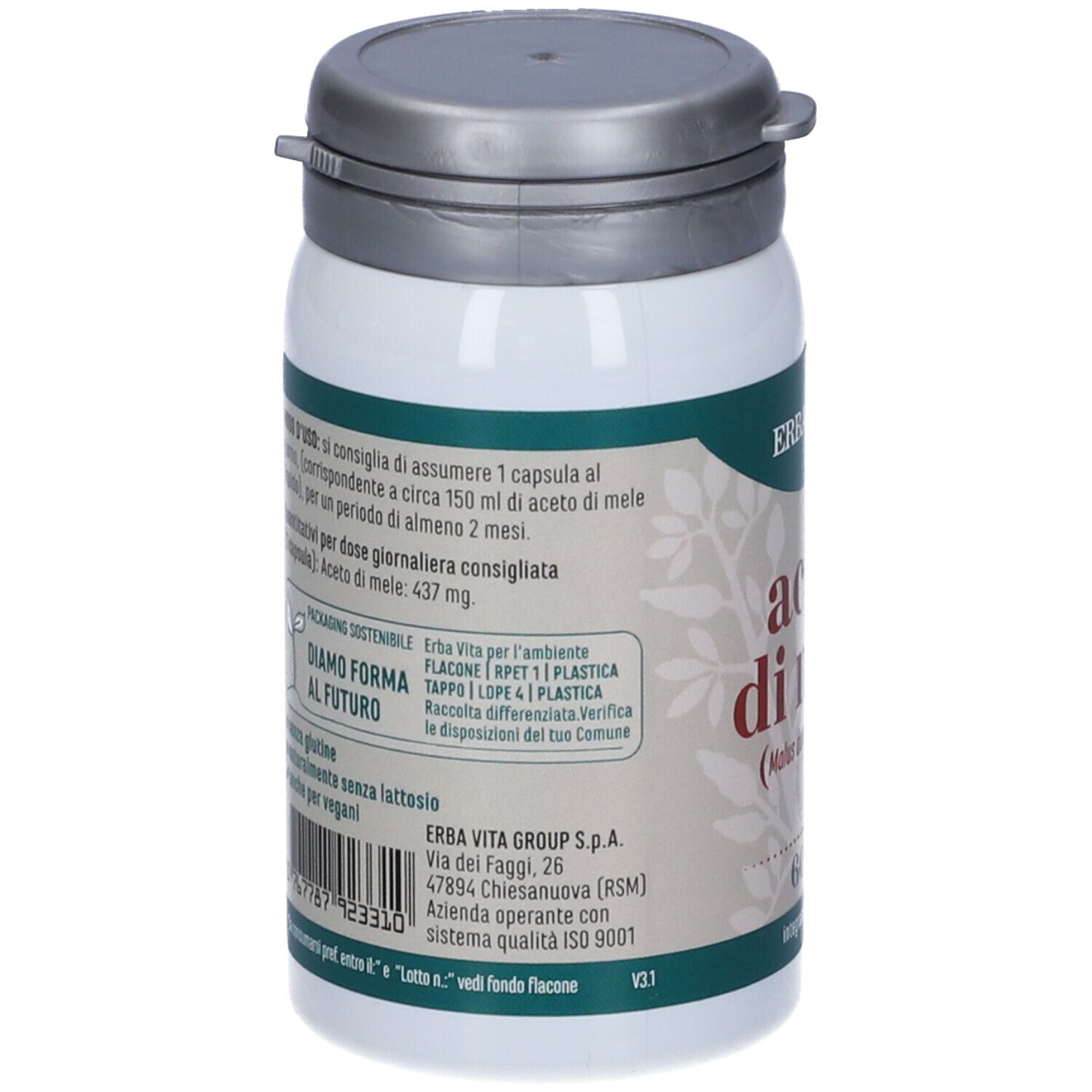 Retro del flacone bianco con "Aceto di Mele". Marchio: Erba Vita. Testo con ingredienti e istruzioni.