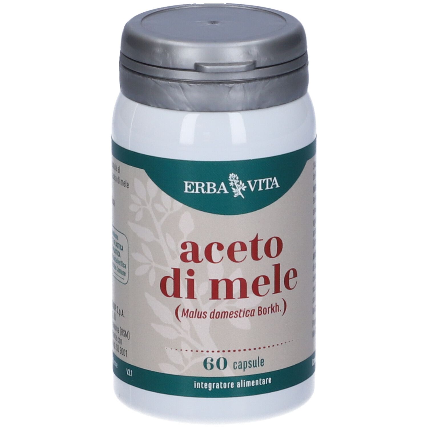 Flacone bianco con "Aceto di Mele" e "60 capsule". Marchio: Erba Vita. Coperchio grigio. Testo.