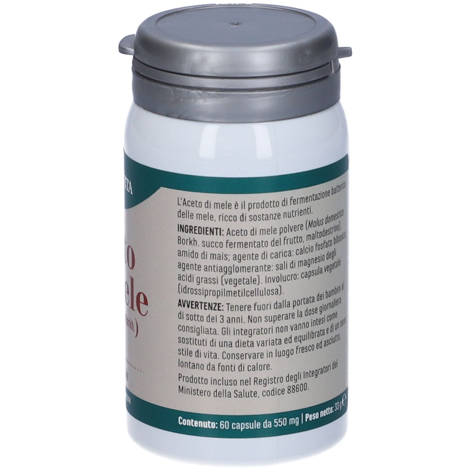 Retro del flacone bianco con "Aceto di Mele". Marchio: Erba Vita. Testo con ingredienti e istruzioni.