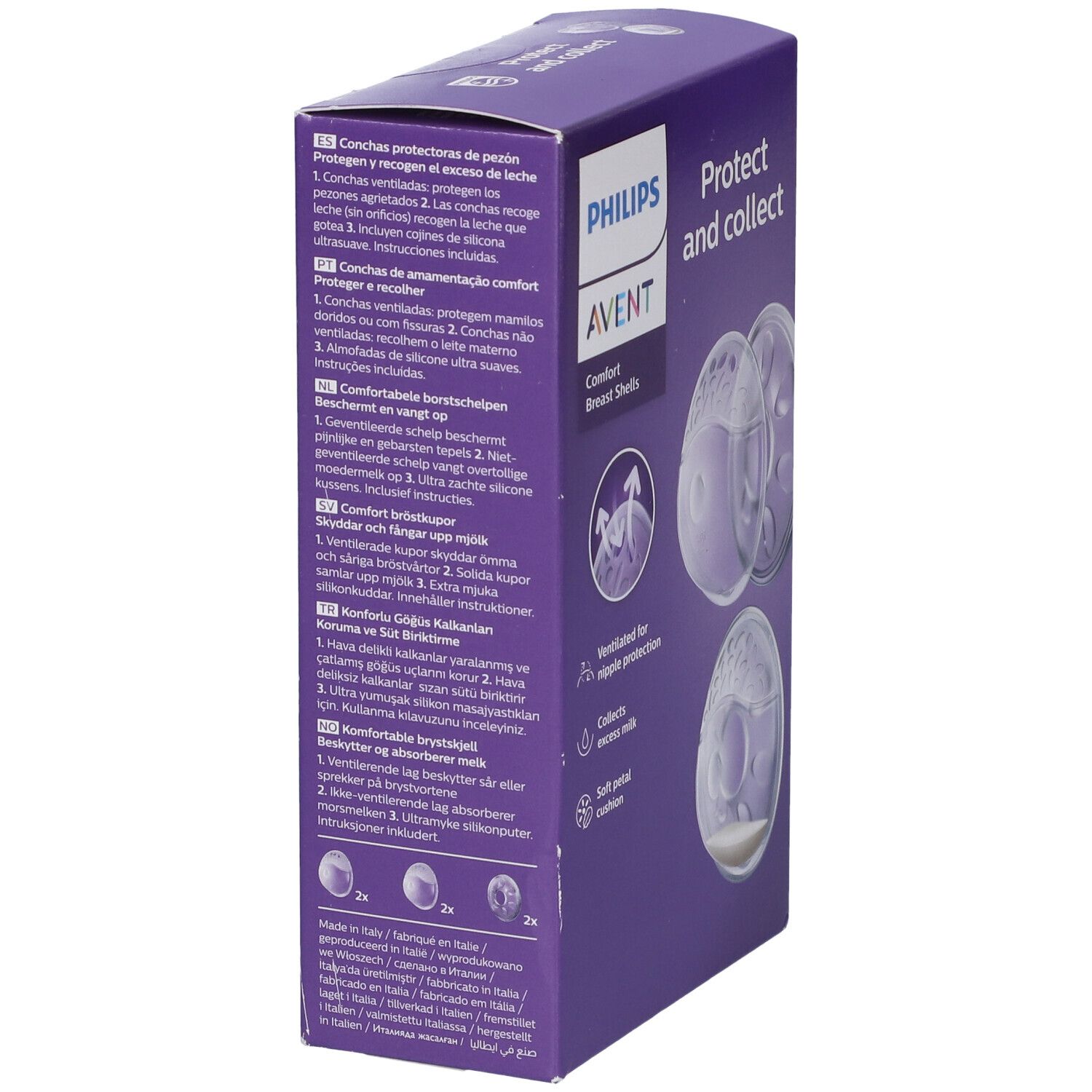 Confezione coppette Philips Avent. Scatola viola con immagini e testo in più lingue.