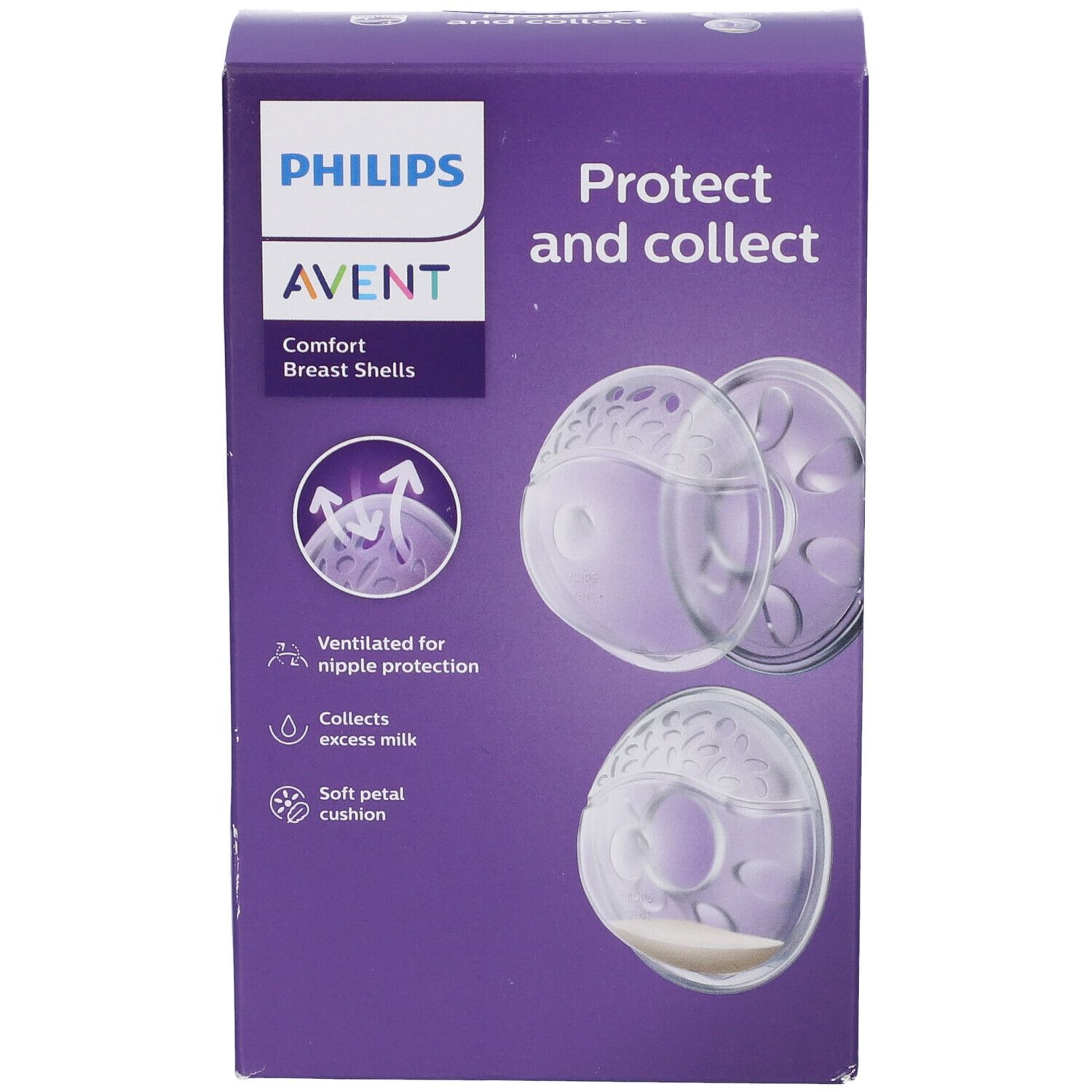 Confezione coppette Philips Avent. Scatola viola con immagini e testo: Protect and collect.