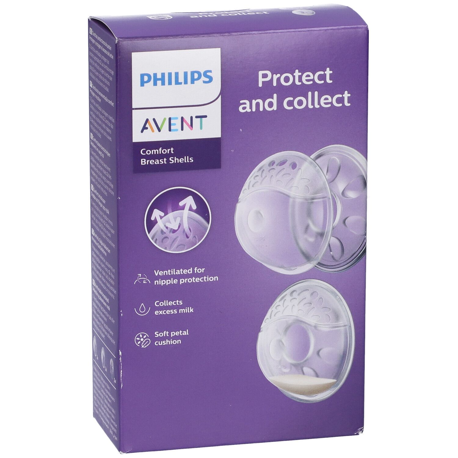Confezione coppette Philips Avent. Scatola viola con immagini e testo: Protect and collect.