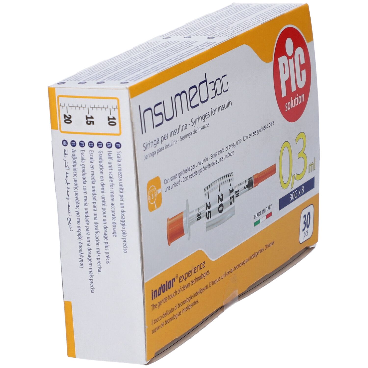 Seitenansicht der Packung mit 30 Insulin-Spritzen, 0,3 ml, 30G x 8 mm. Marke: Insumed 30G von PIC Solution.