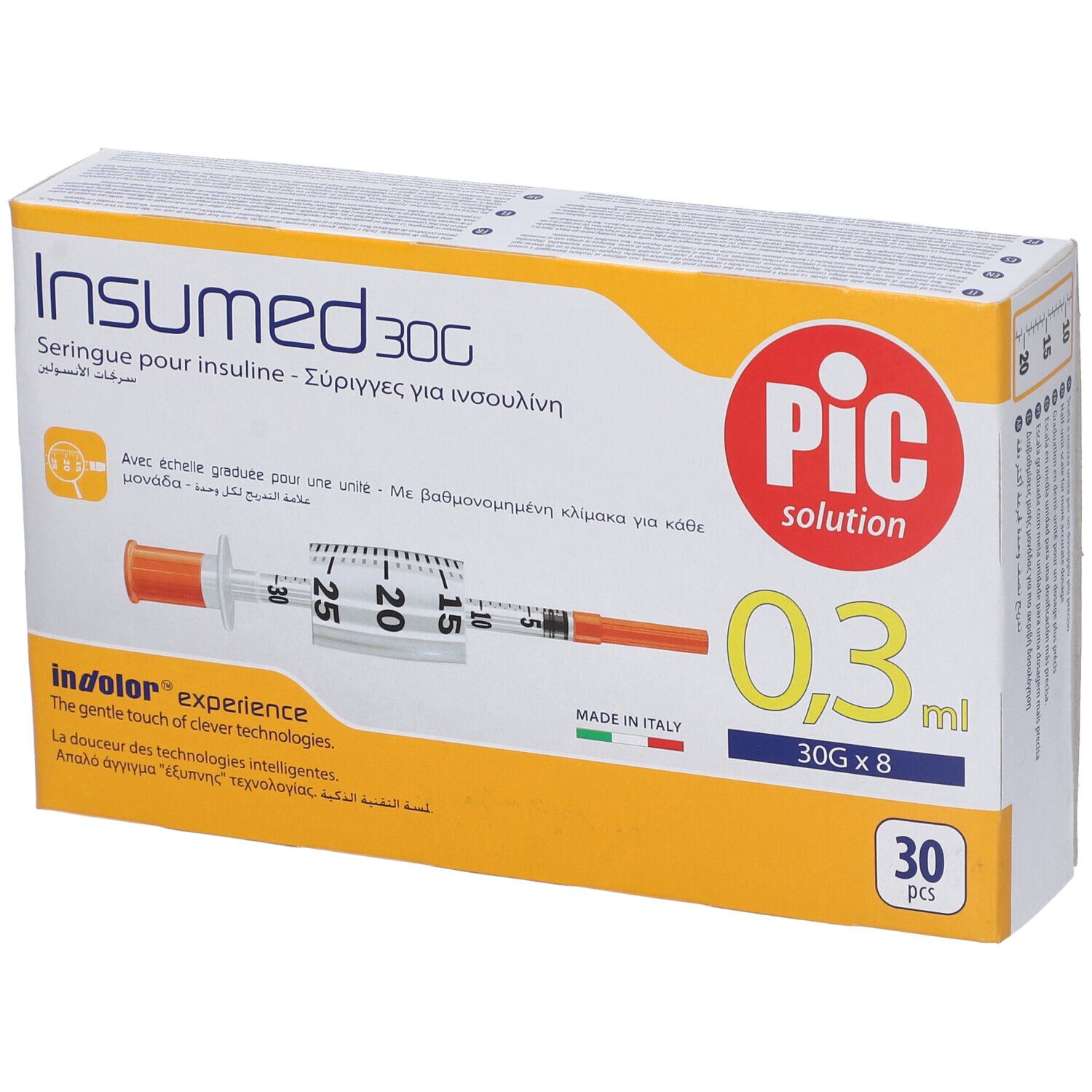 Packung mit 30 Insulin-Spritzen, 0,3 ml, 30G x 8 mm. Marke: Insumed 30G von PIC Solution. Mehrsprachige Beschriftung.