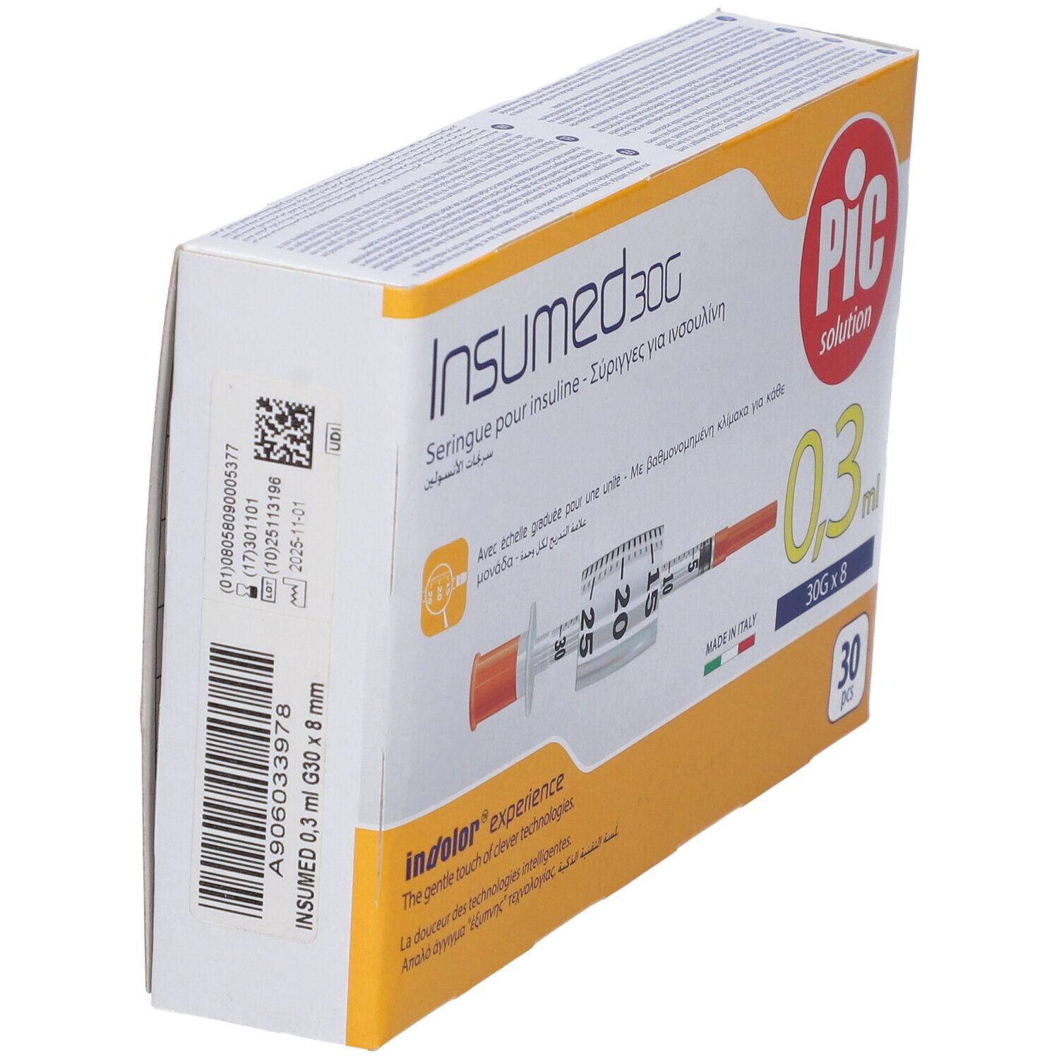 Rückseite der Packung mit 30 Insulin-Spritzen, 0,3 ml, 30G x 8 mm. Marke: Insumed 30G von PIC Solution.