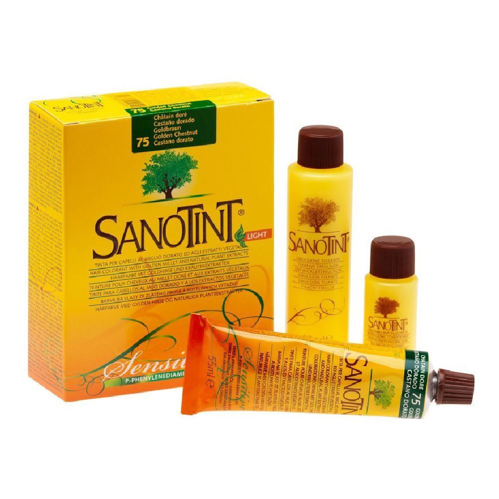 Sanotint Light, diverse bottiglie e un tubetto. Confezione gialla con nome prodotto e logo albero. Tonalità: Castano Dorato 75.