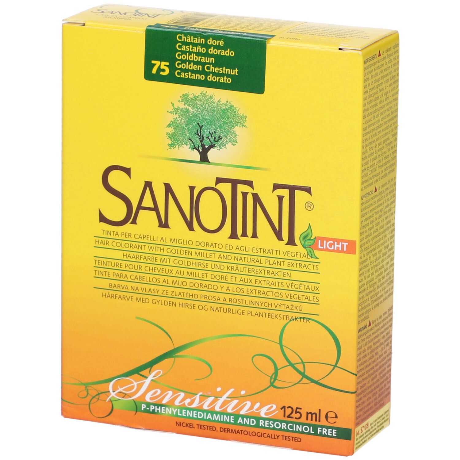 Scatola gialla Sanotint Light. Scritta: Golden Chestnut 75. Contiene 125 ml. Logo: albero. Senza P-Fenilendiammina e Resorcinolo.