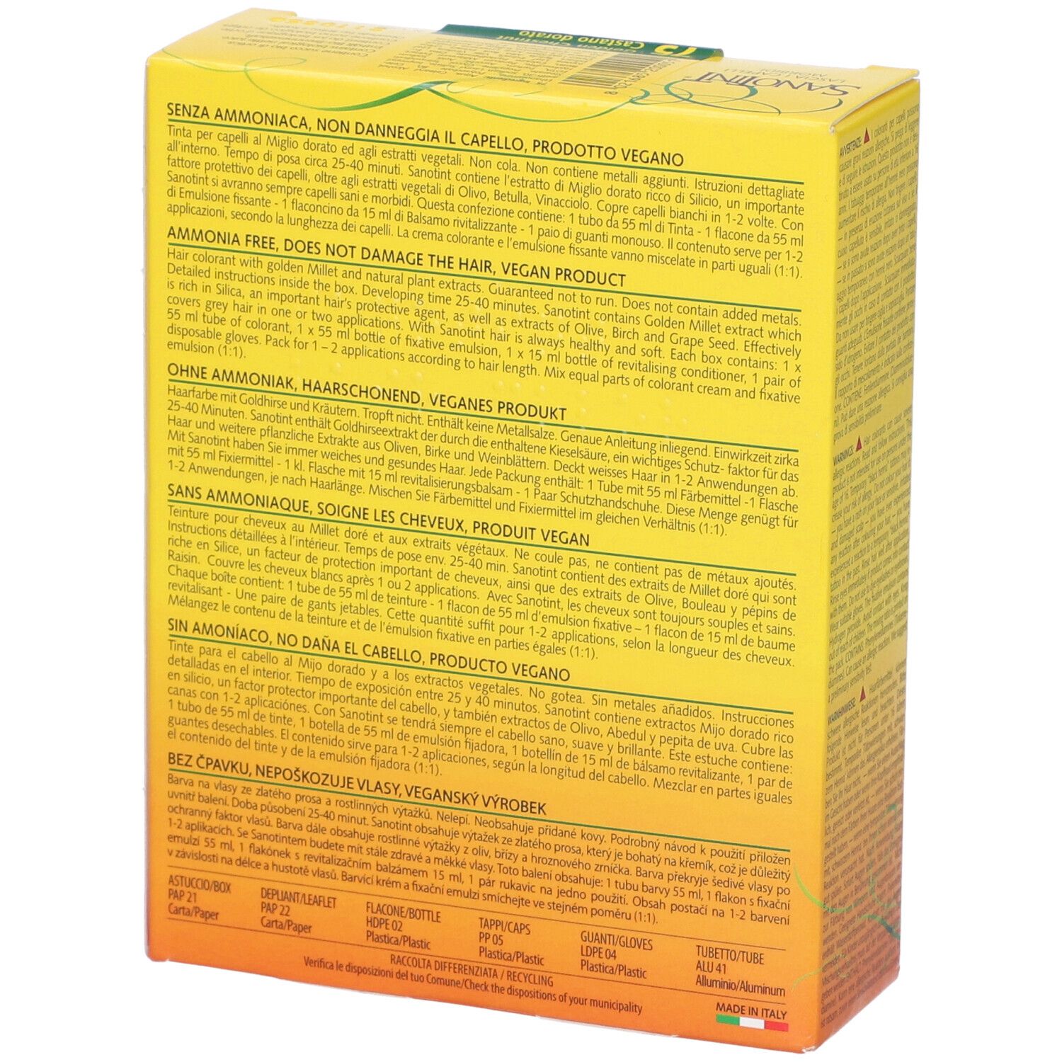 Retro della scatola gialla Sanotint Light. Testo multilingue. Senza ammoniaca, non danneggia i capelli. Vegano.