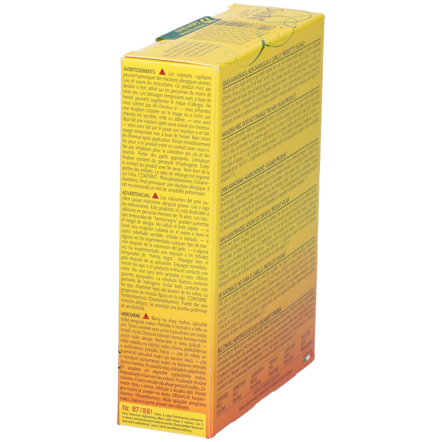 Scatola gialla Sanotint Light, in diagonale. Avvertenze e ingredienti. Testo multilingue. Contiene 125 ml.
