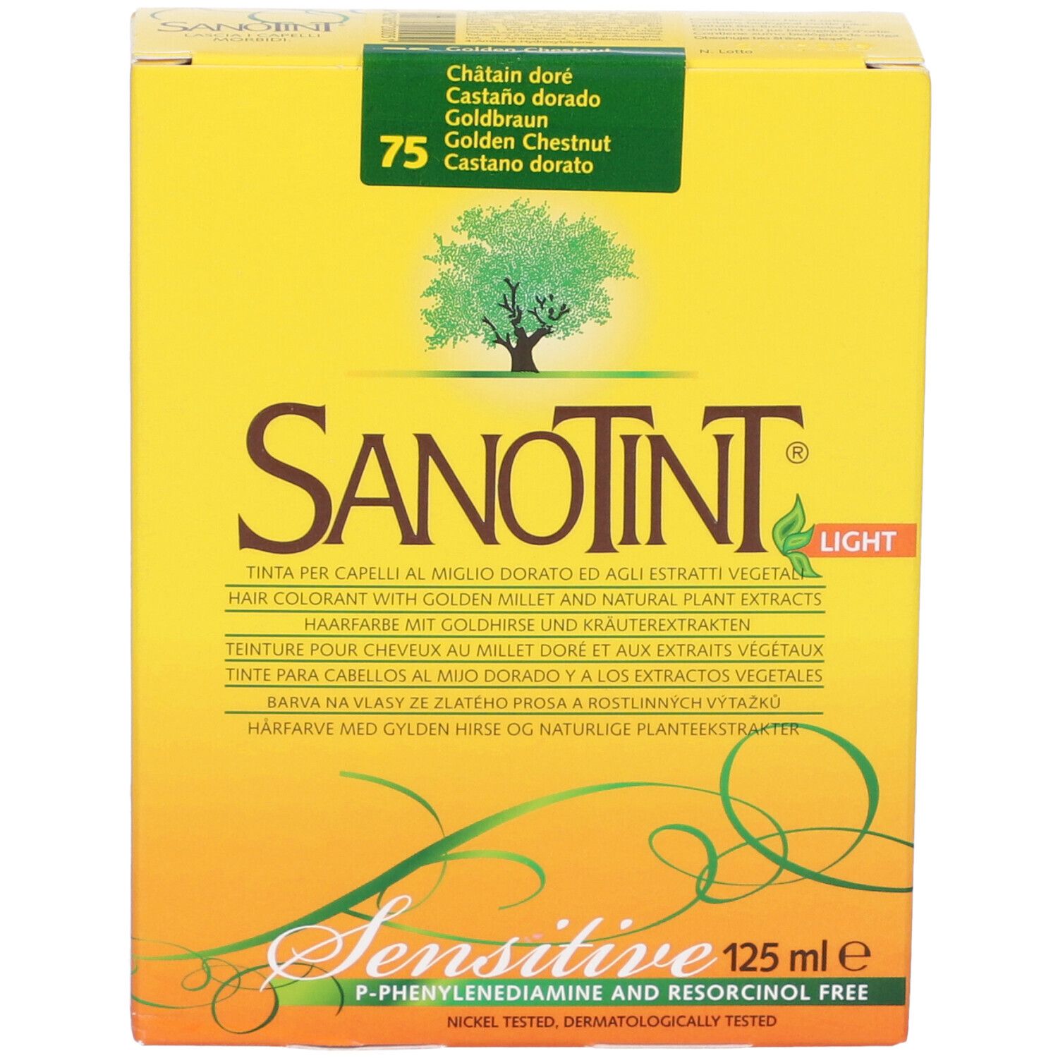 Scatola gialla Sanotint Light. Scritta: Golden Chestnut 75. Contiene 125 ml. Logo: albero. Senza P-Fenilendiammina e Resorcinolo.
