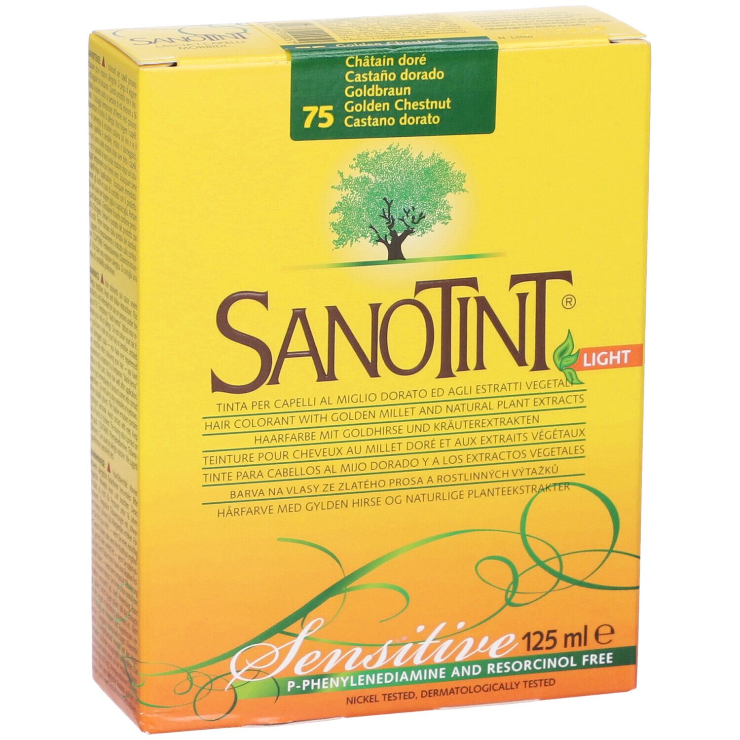 Scatola gialla Sanotint Light. Scritta: Golden Chestnut 75. Contiene 125 ml. Logo: albero. Senza P-Fenilendiammina e Resorcinolo.