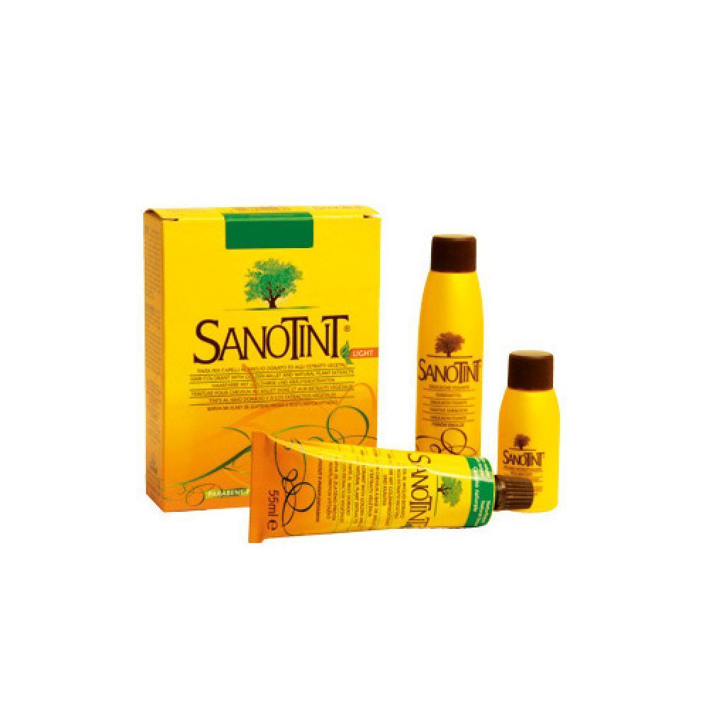 Scatola gialla, flaconi e tubetto. Sanotint sulla scatola. Sanotint sui flaconi.