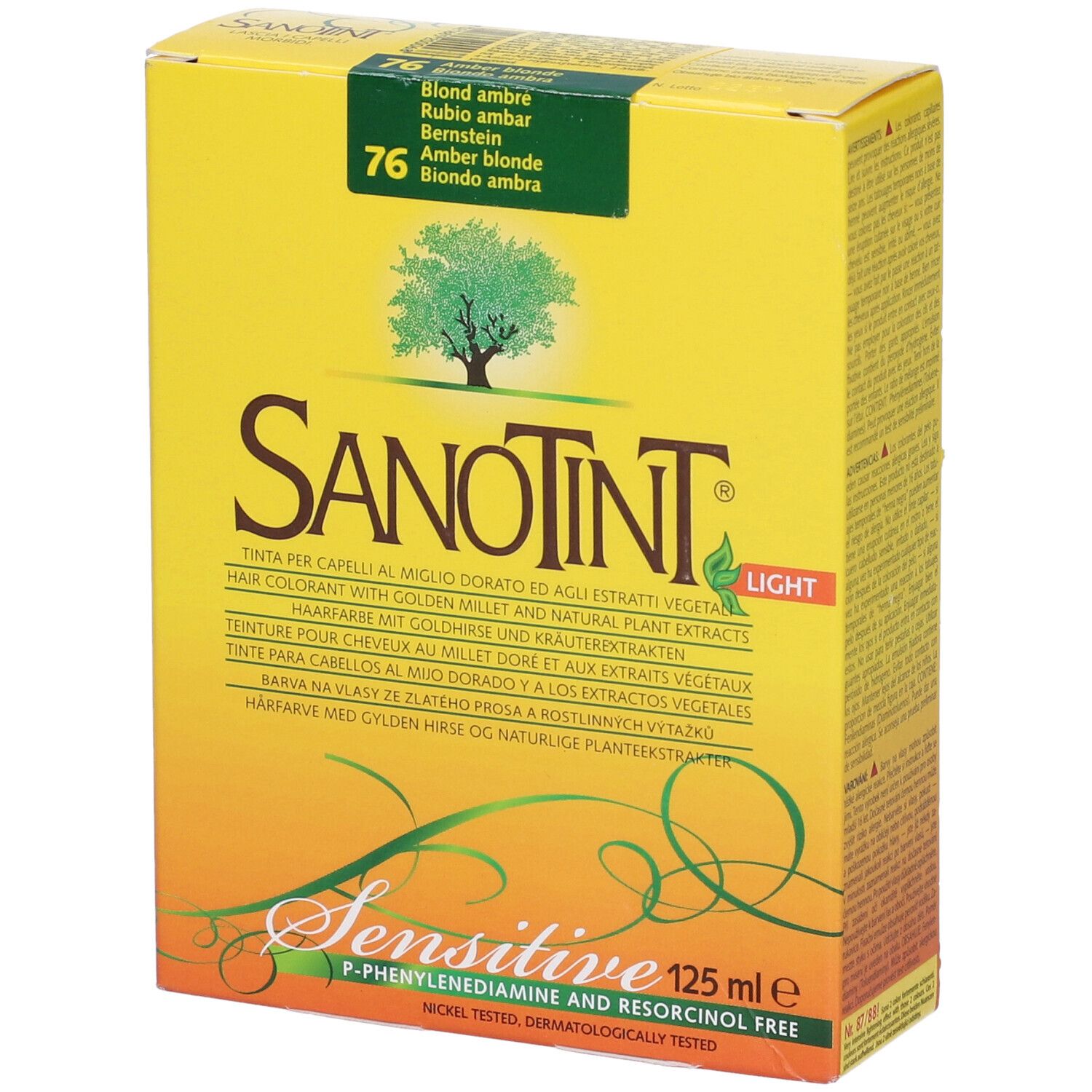 Scatola gialla con logo Sanotint, tonalità 76. Testo: Tinta per capelli con miglio dorato ed estratti vegetali. 125 ml.