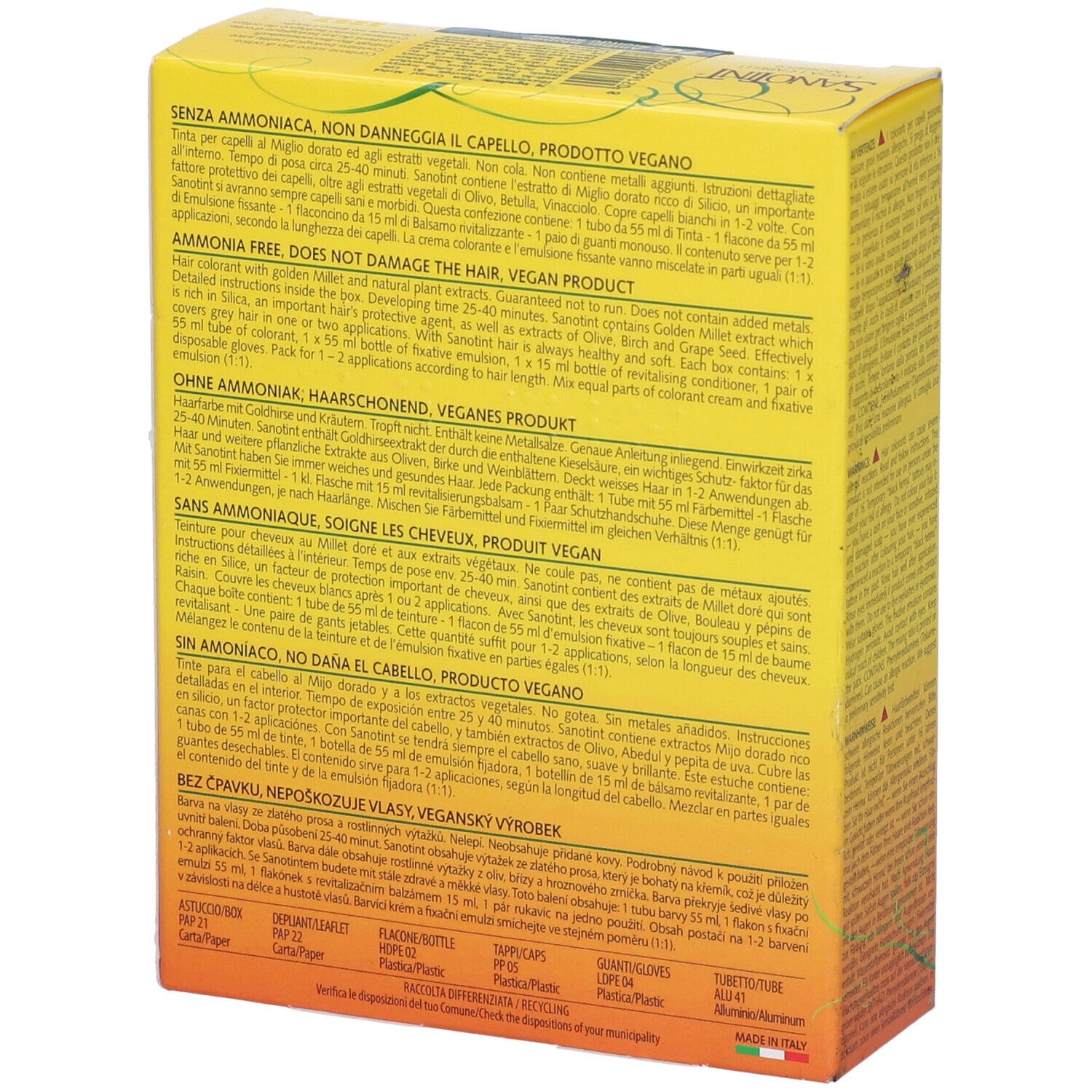 Retro della scatola gialla. Testo in più lingue. Senza ammoniaca, vegano. 125 ml.