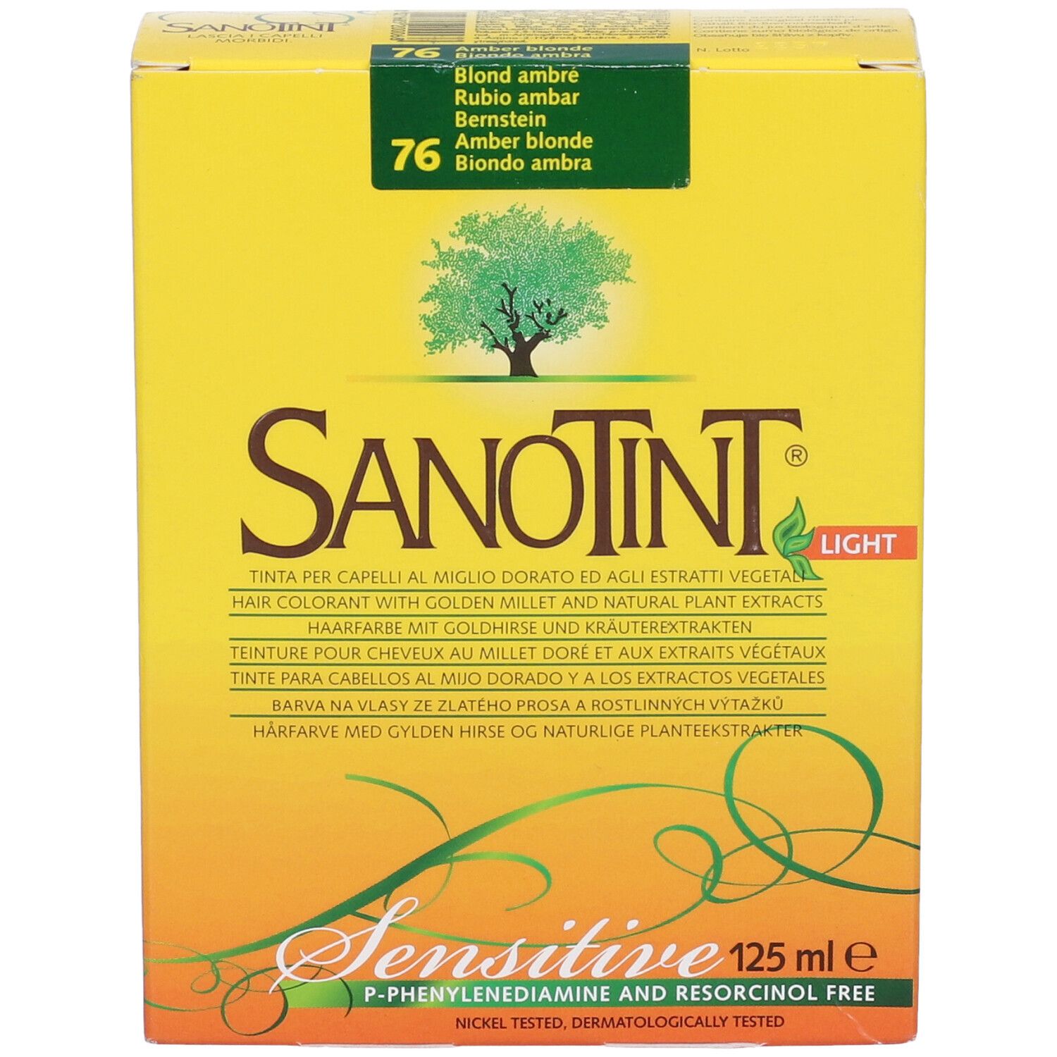 Scatola gialla con logo Sanotint, tonalità 76. Testo: Tinta per capelli con miglio dorato ed estratti vegetali. 125 ml.